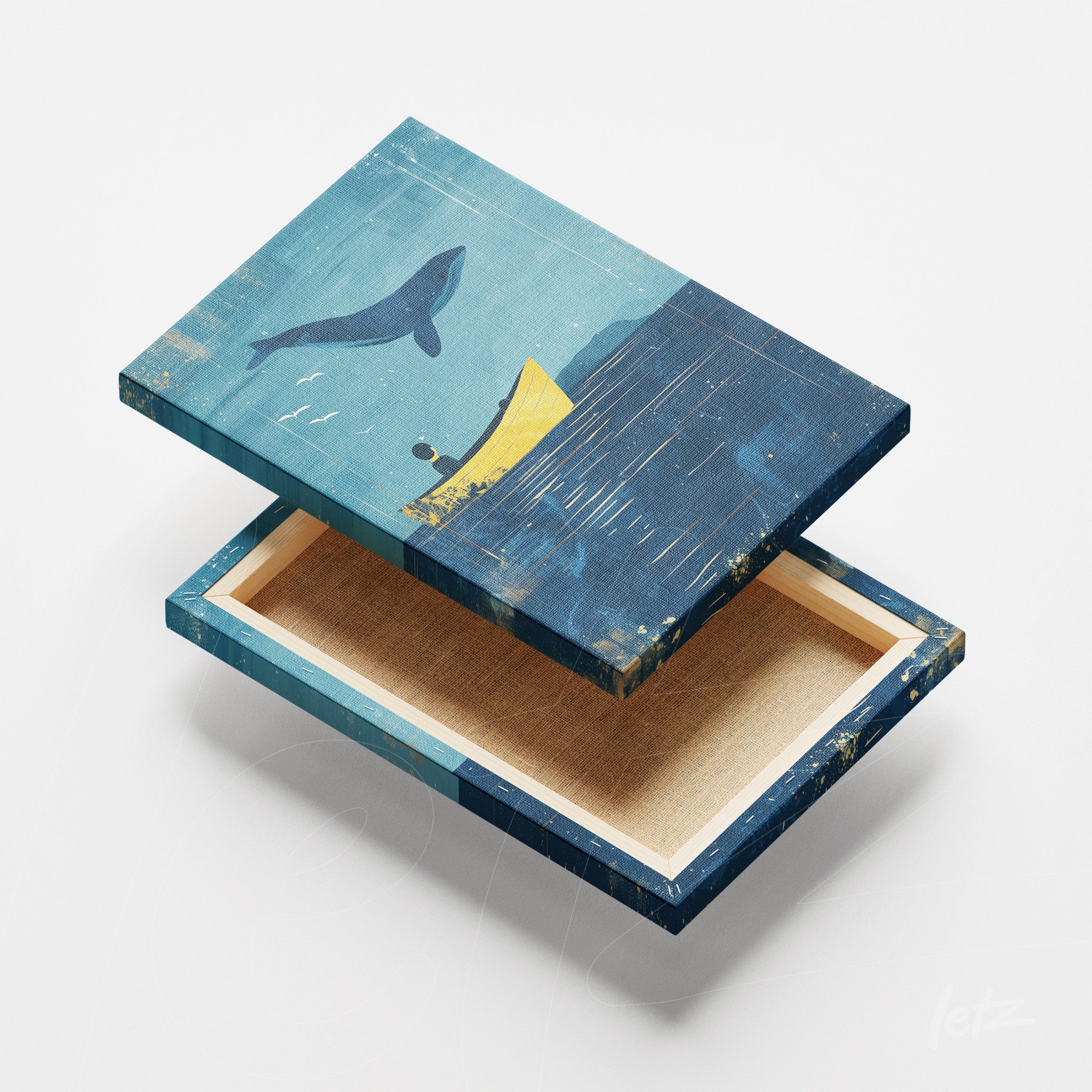 modern wall art featuring a whale and a yellow canoe on a blue background with a thin frame and smooth texture