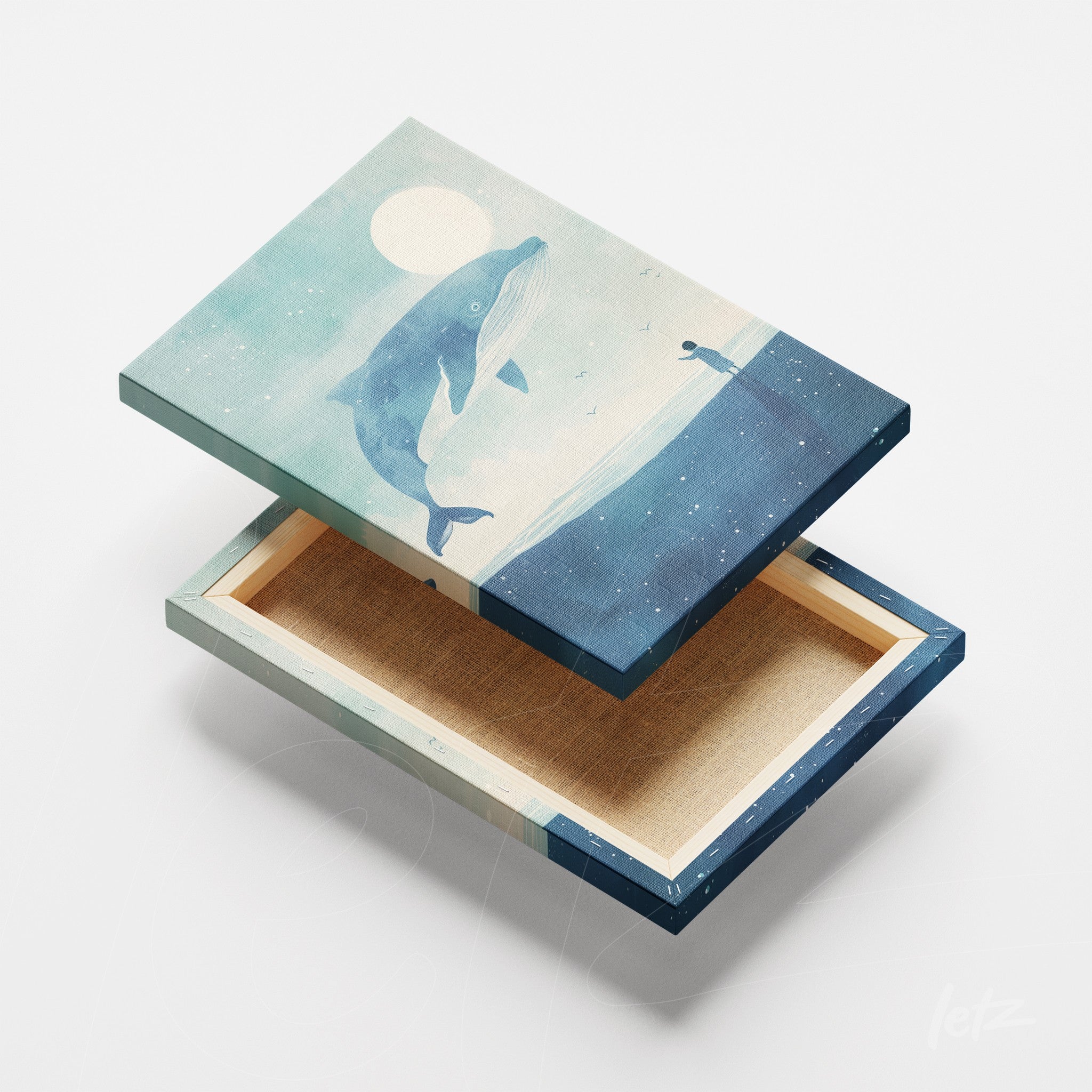 canvas print featuring an illustration of a whale swimming under the moonlight in blue and green hues
