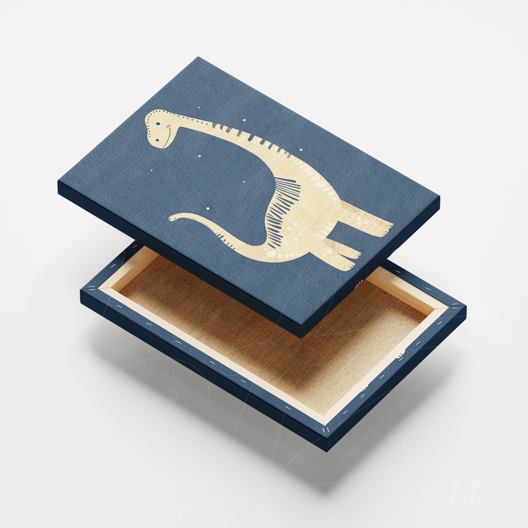 decorative box featuring dinosaur art on deep blue background with natural interior