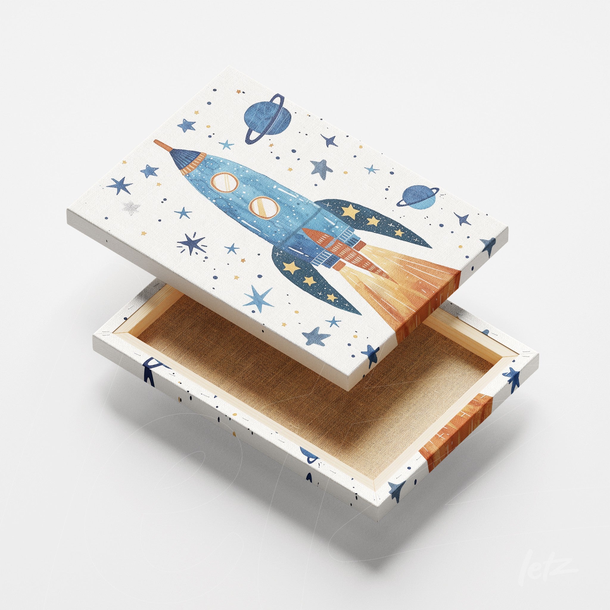 decorative box featuring blue rocket and planets on a white background