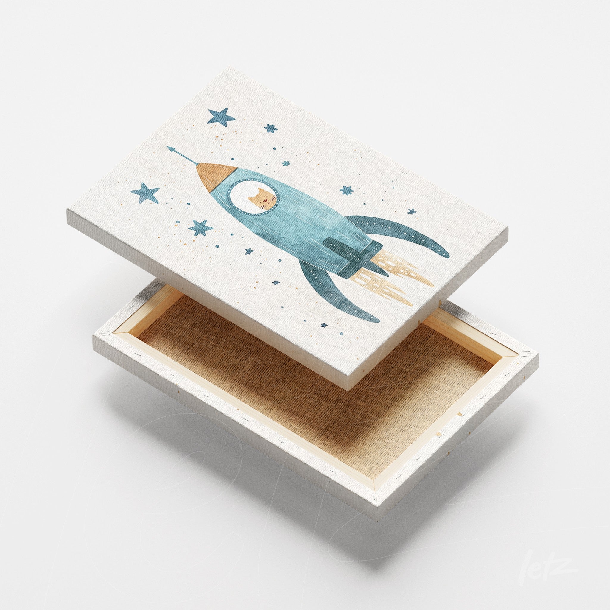 canvas print featuring a blue rocket illustration with stars on a light background
