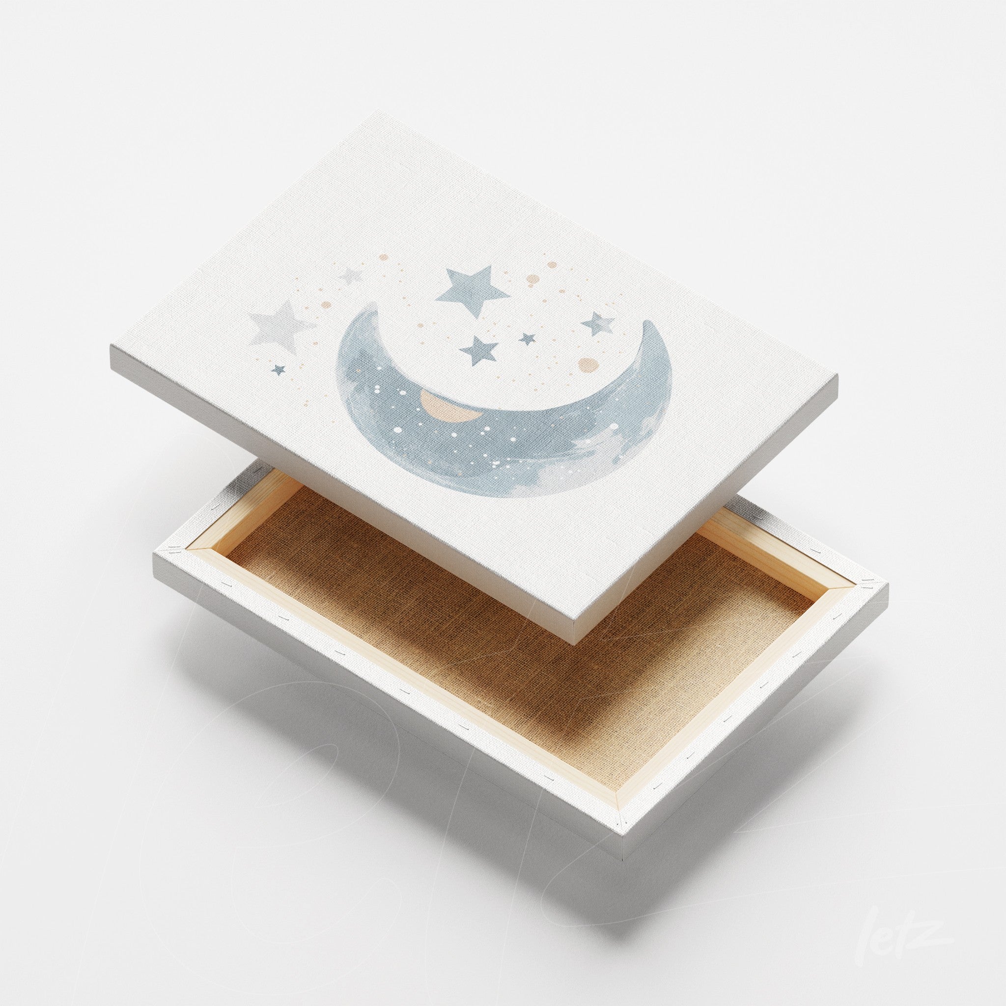 canvas art featuring a soft illustration of the moon and stars on a light background