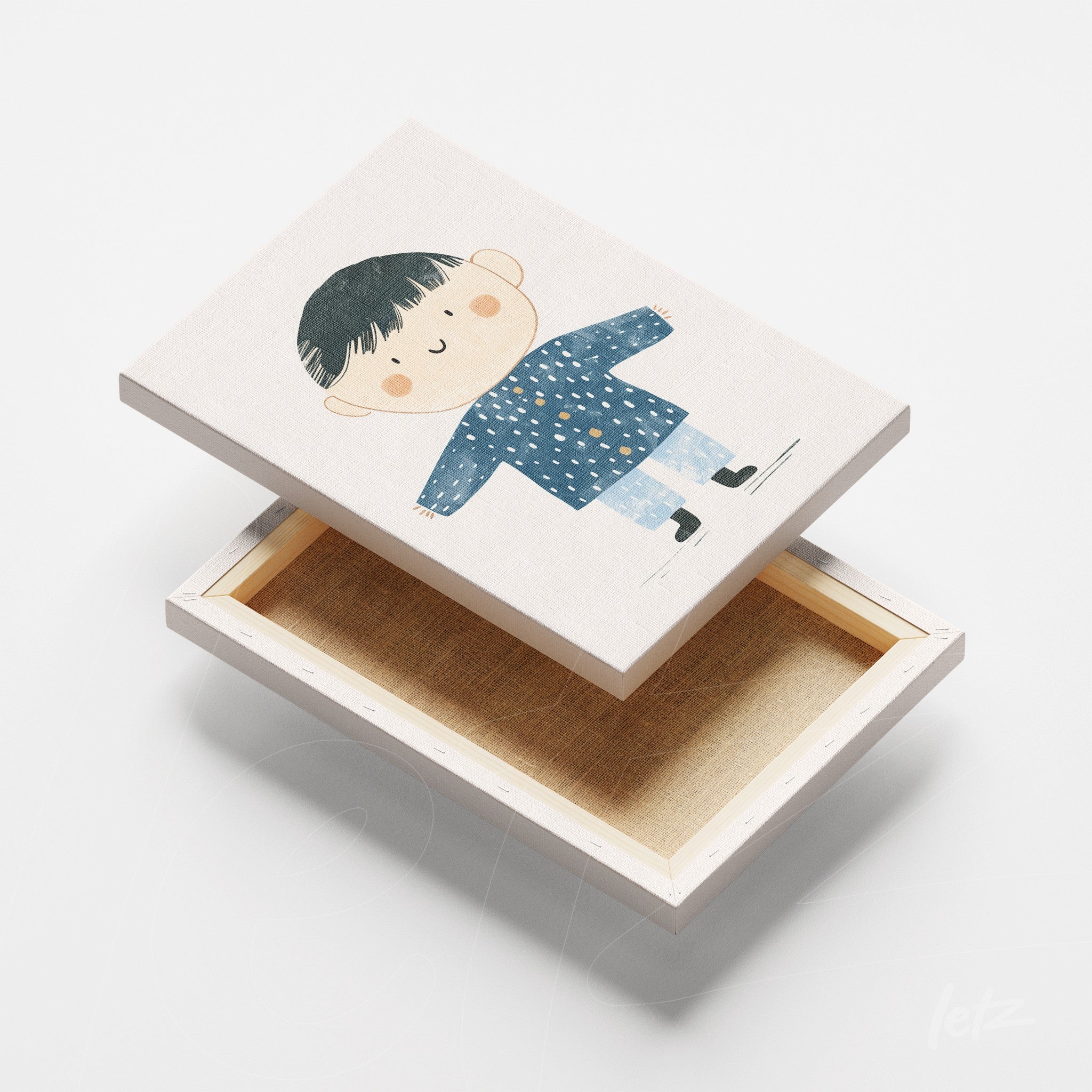canvas print featuring a cute children's illustration of a boy wearing a blue coat and white pants against a light background
