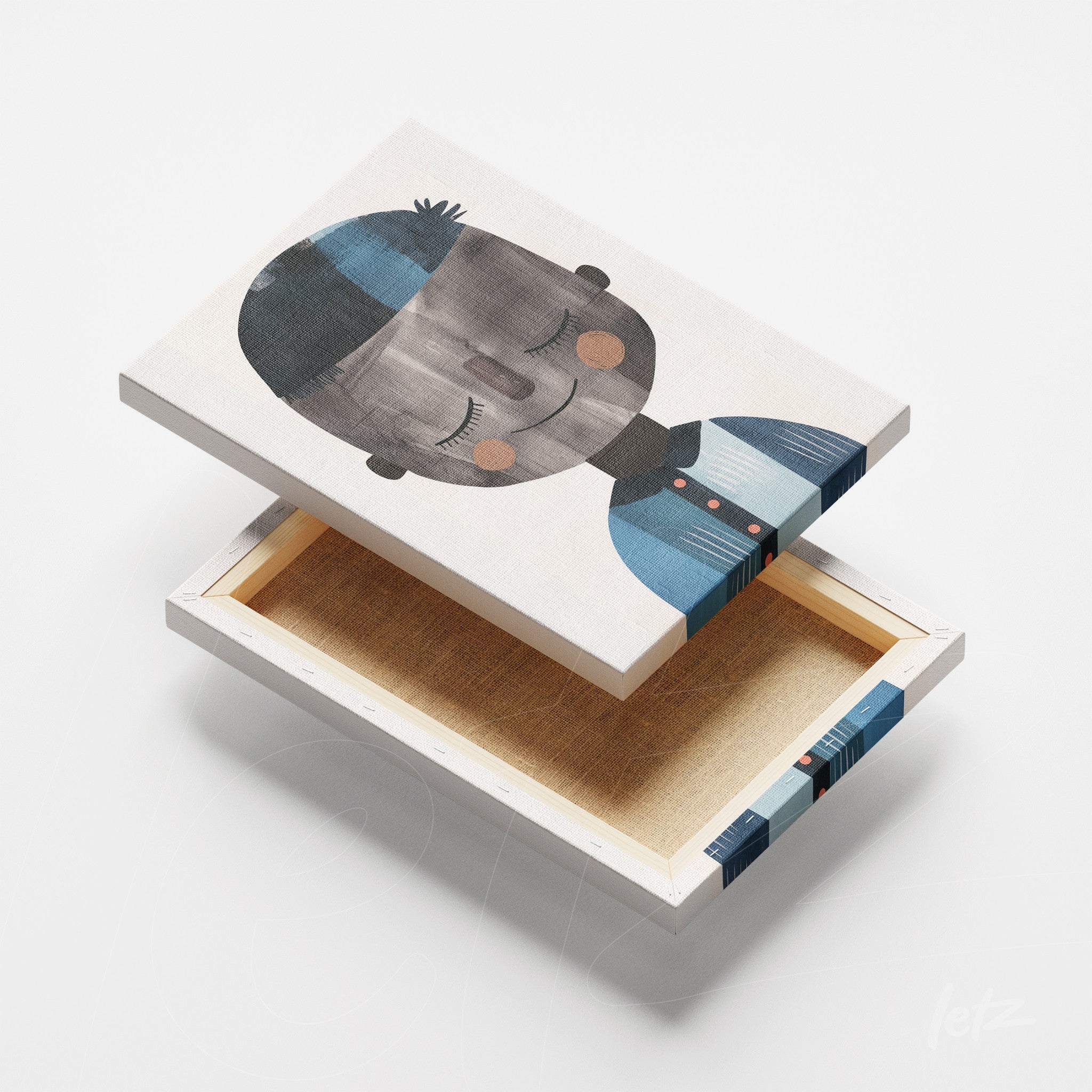 canvas artwork featuring a child's face illustration in shades of blue and gray with a white frame