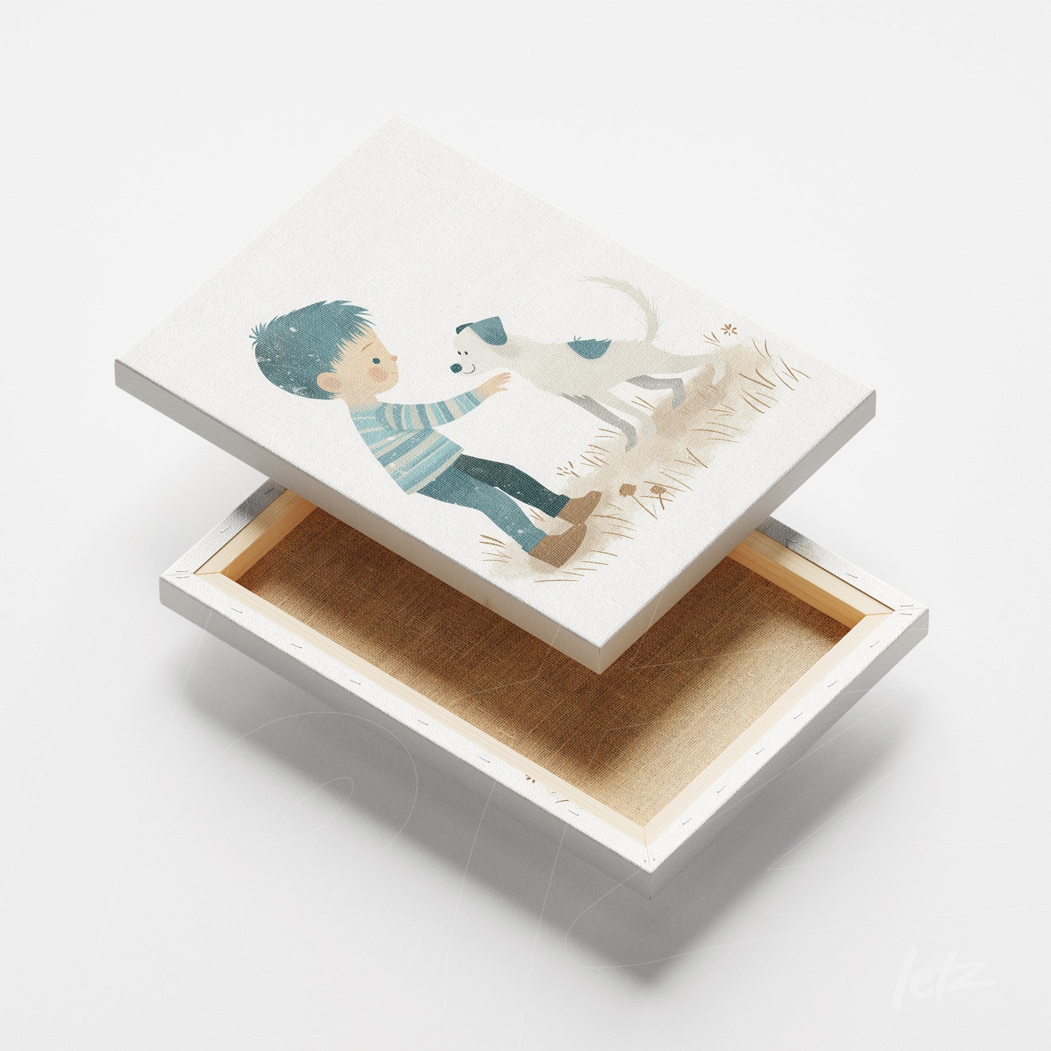 canvas print featuring a boy petting a dog with a light background