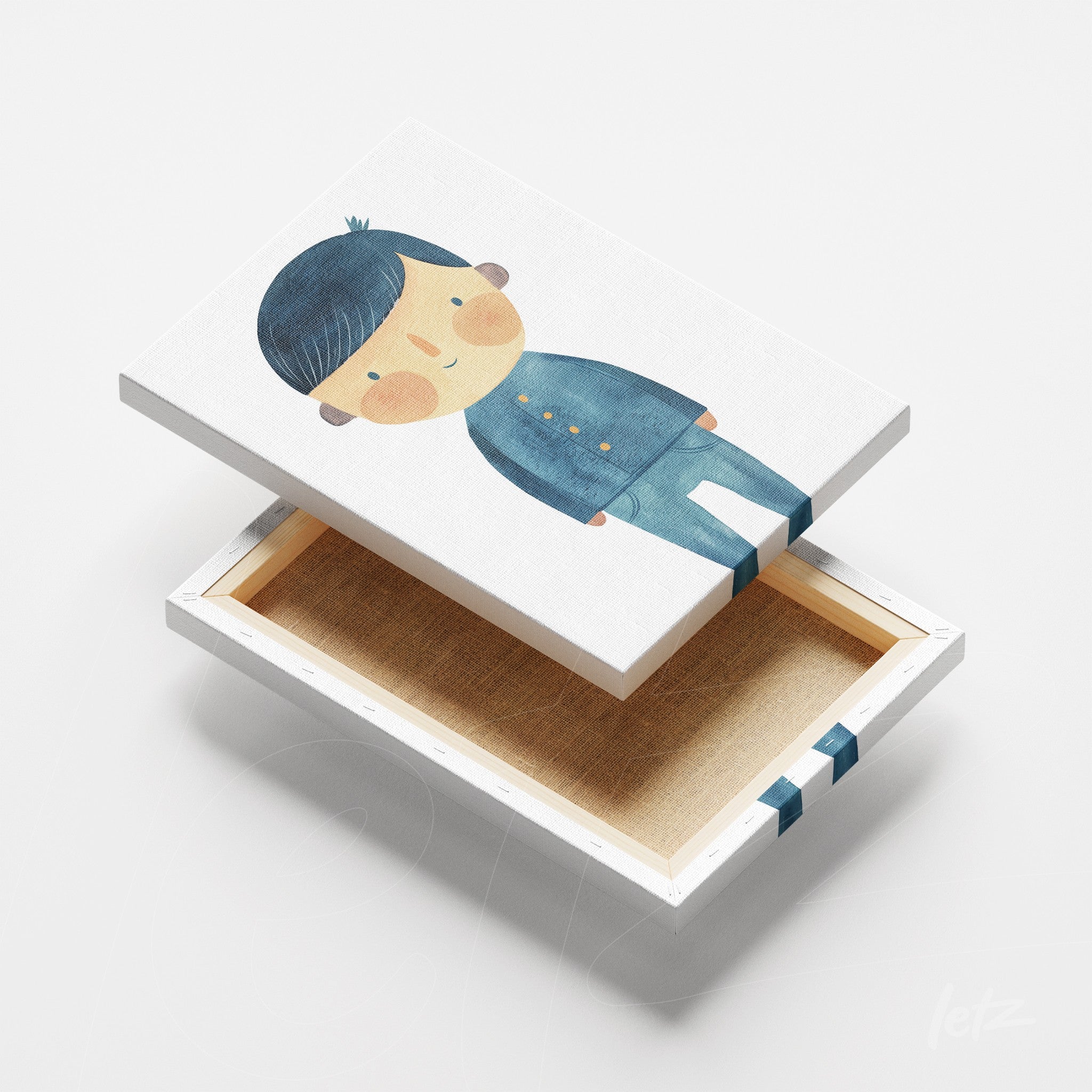 canvas artwork featuring a boy with blue hair and blue outfit displayed in an open box