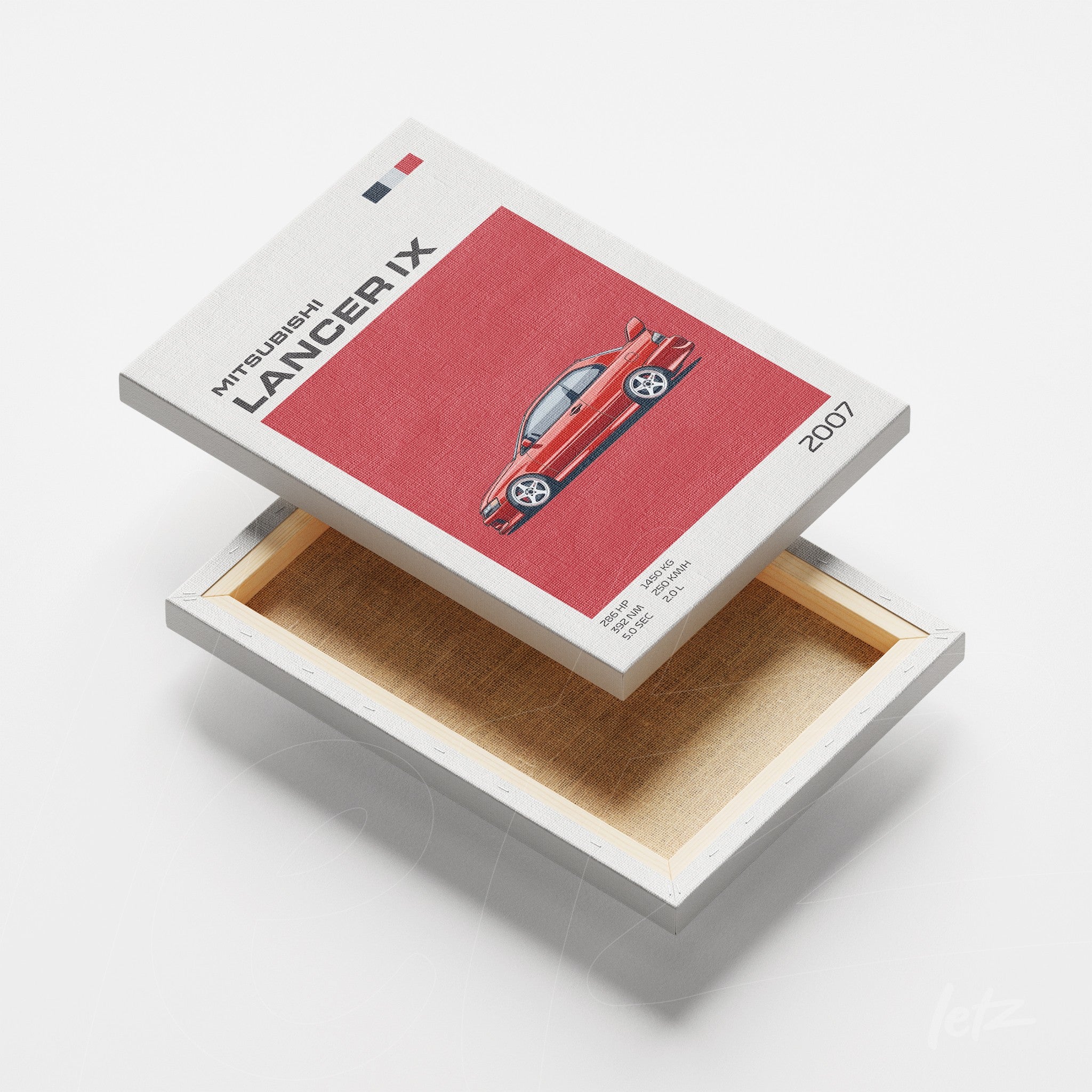 canvas artwork featuring a red Mitsubishi Lancer IX illustration with a red background and white and blue details