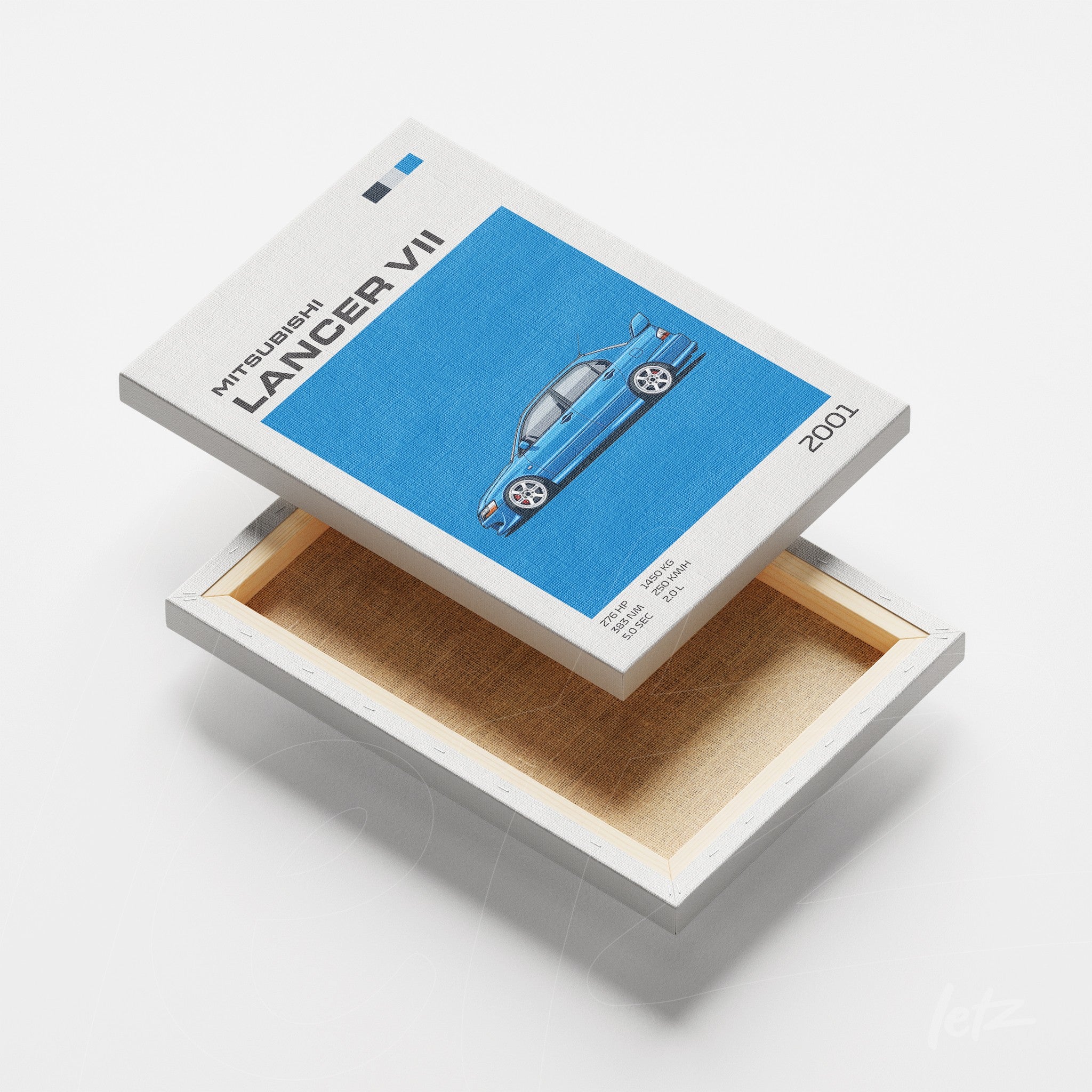 canvas print featuring a stylized illustration of the blue Mitsubishi Lancer VII on a blue background