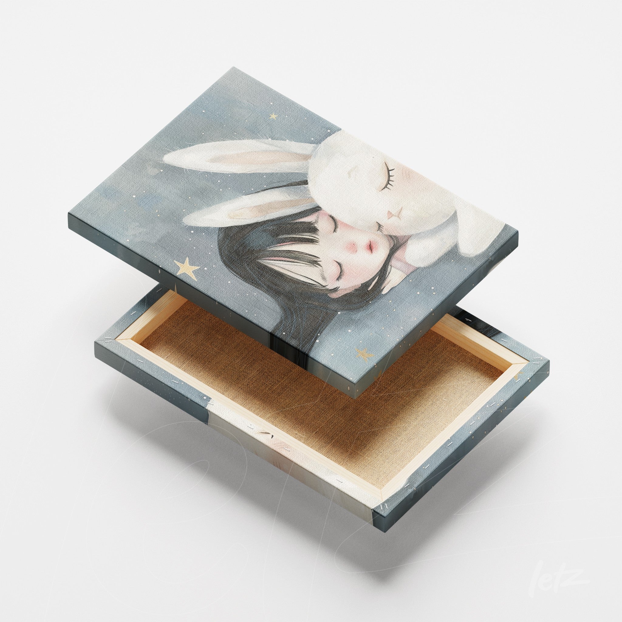 decorative box featuring illustration of a girl hugging a bunny against a starry blue background