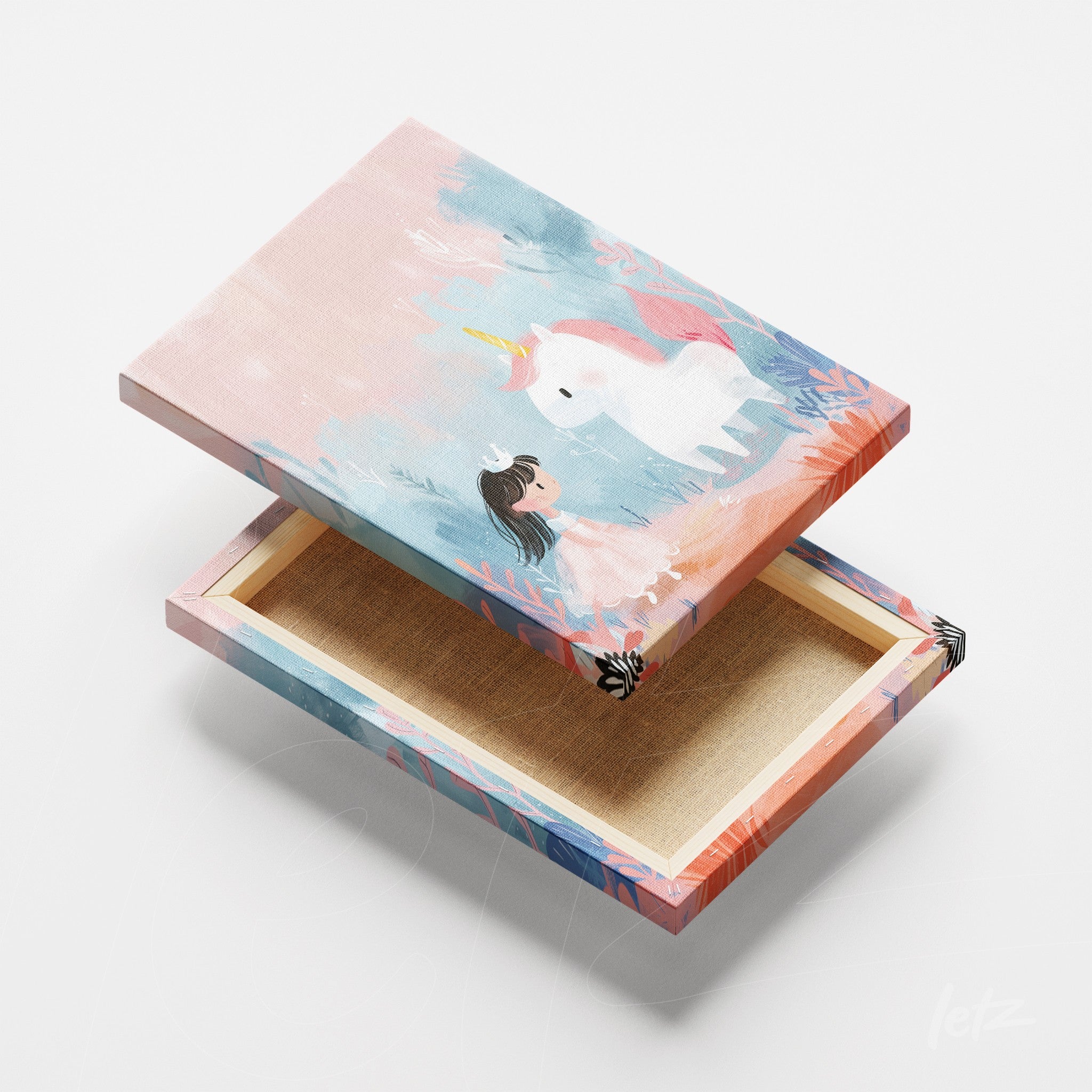 decorative box featuring pastel illustration of a unicorn and a girl