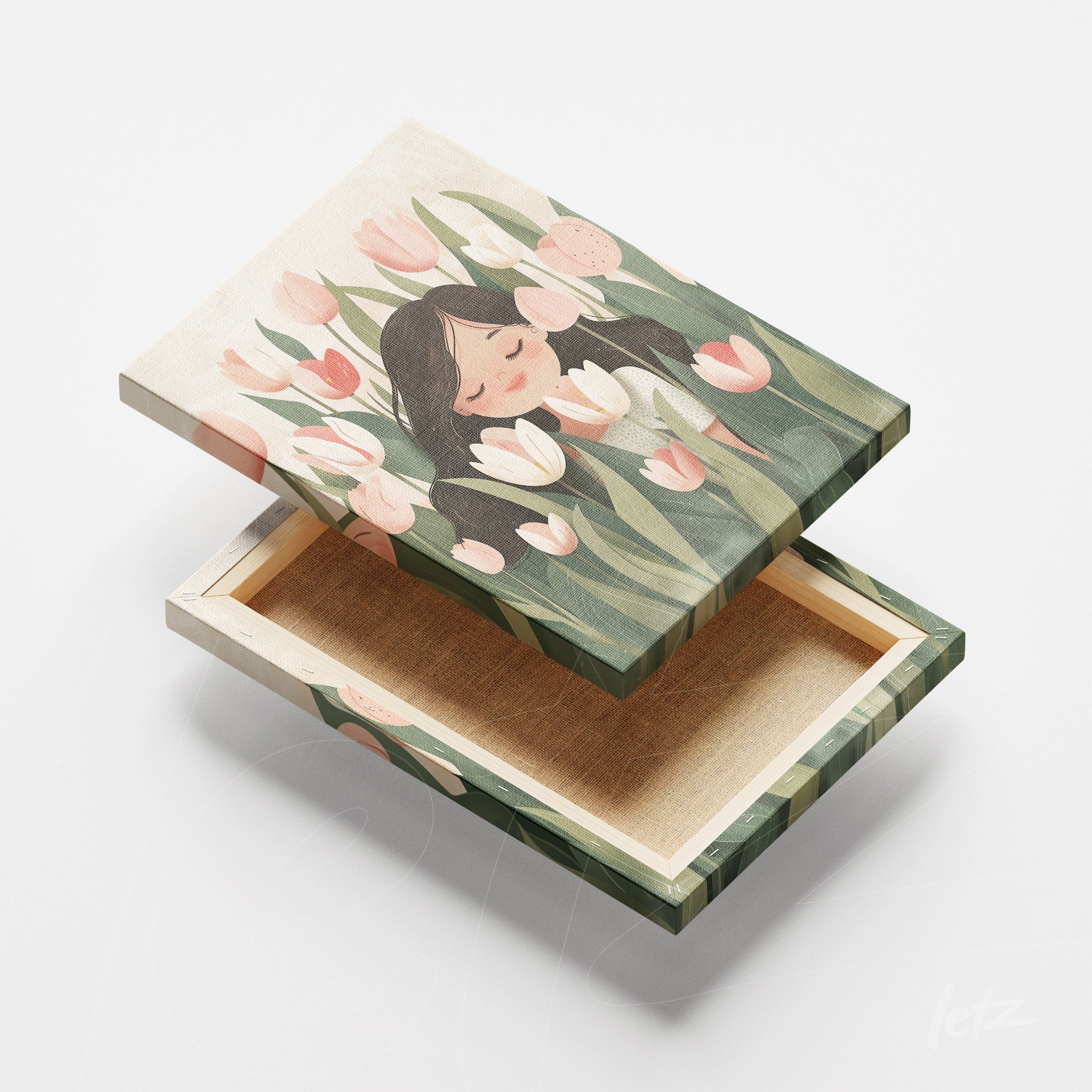 canvas print featuring an illustration of a girl surrounded by tulips on a green background