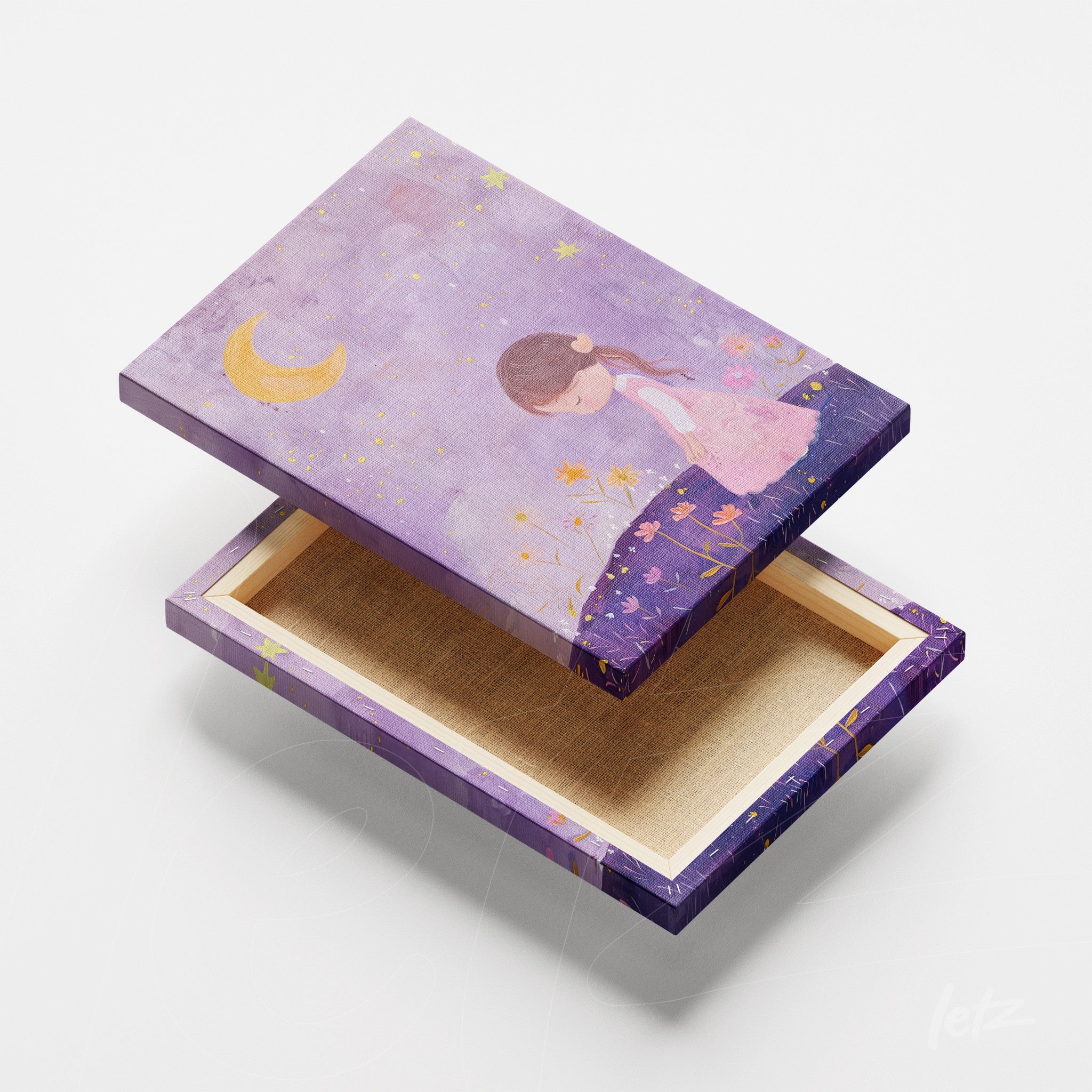 decorative box designed as a frame featuring an illustration of a girl in a pink dress against a purple background with stars and a moon