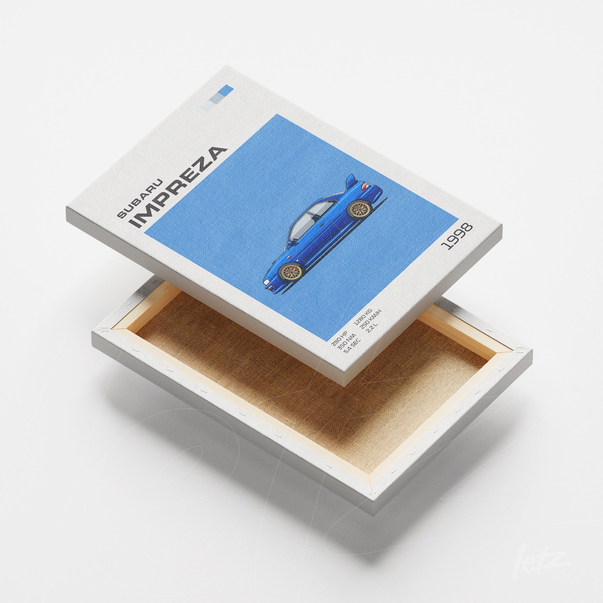 canvas print featuring an illustration of a blue 1998 Subaru Impreza on a textured background
