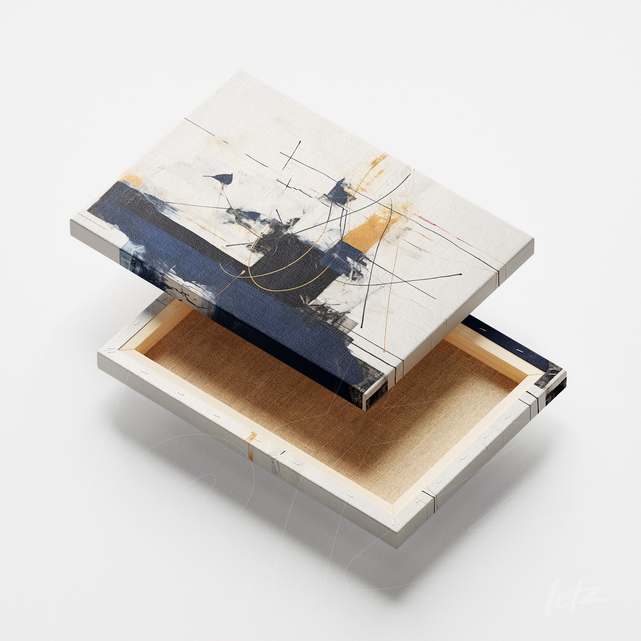 canvas artwork featuring abstract design in shades of blue and yellow with geometric lines on a light background