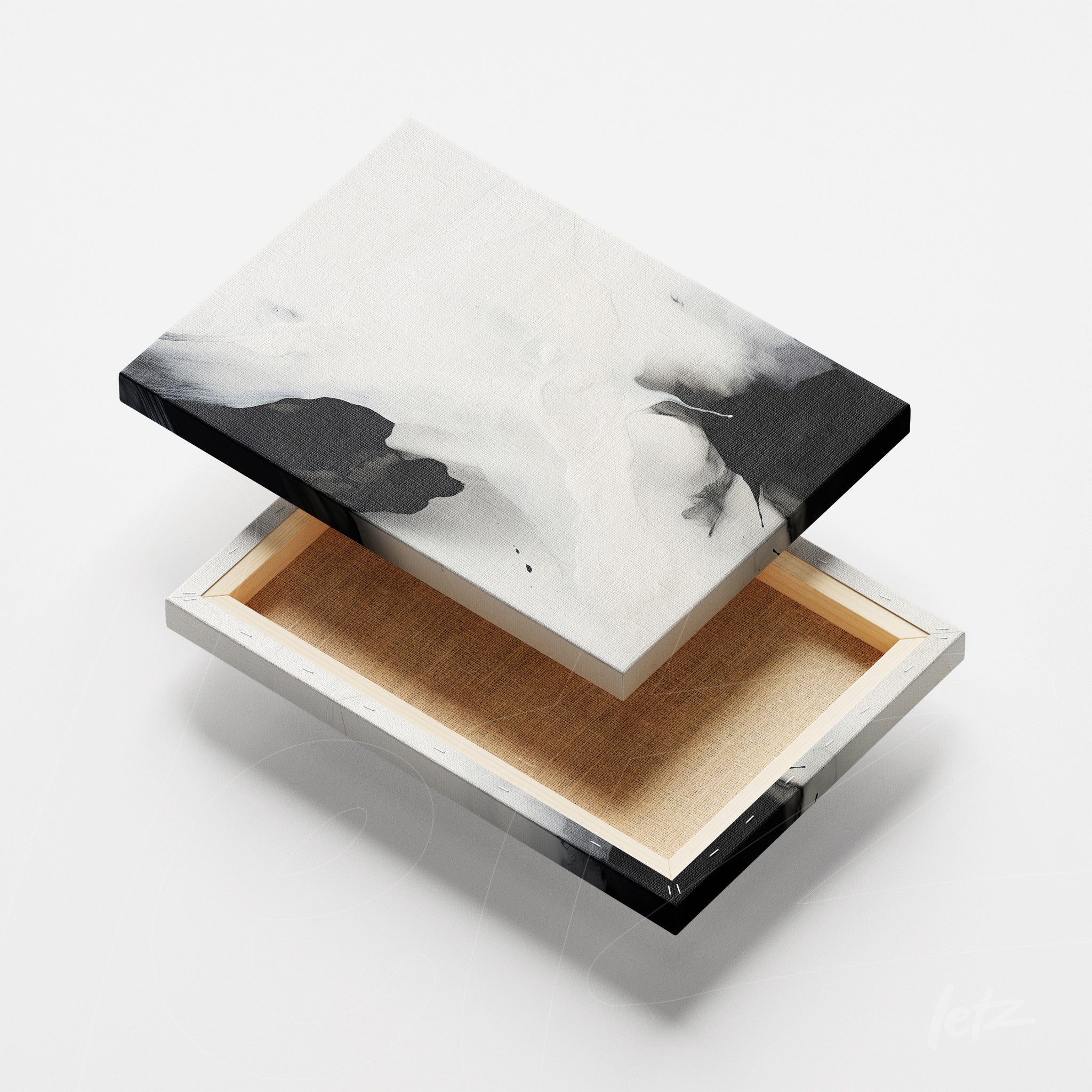 canvas featuring abstract art in black and white, showcasing a fluid pattern with touches of gray and soft texture