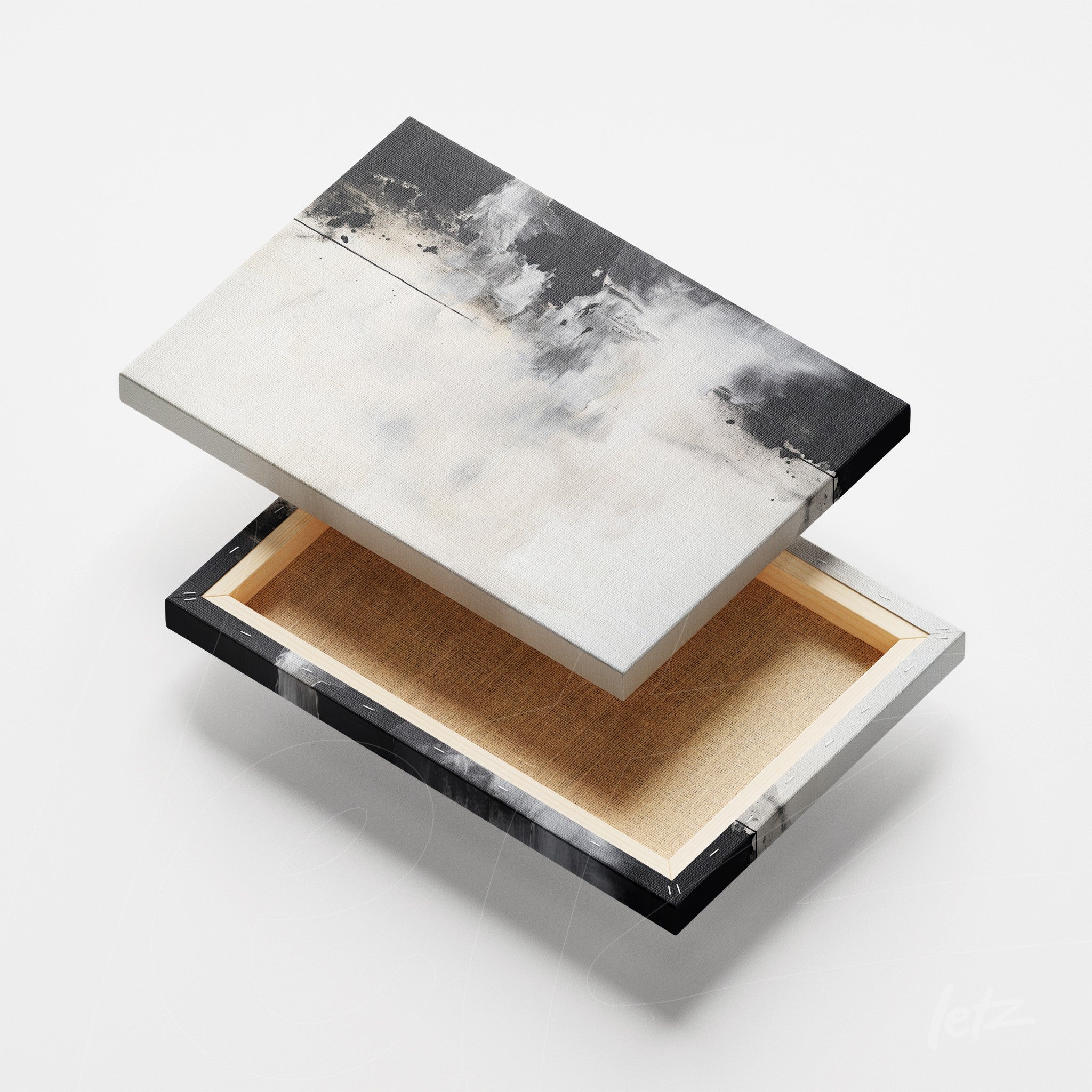 canvas wall art featuring abstract black and white design with marble finish frame