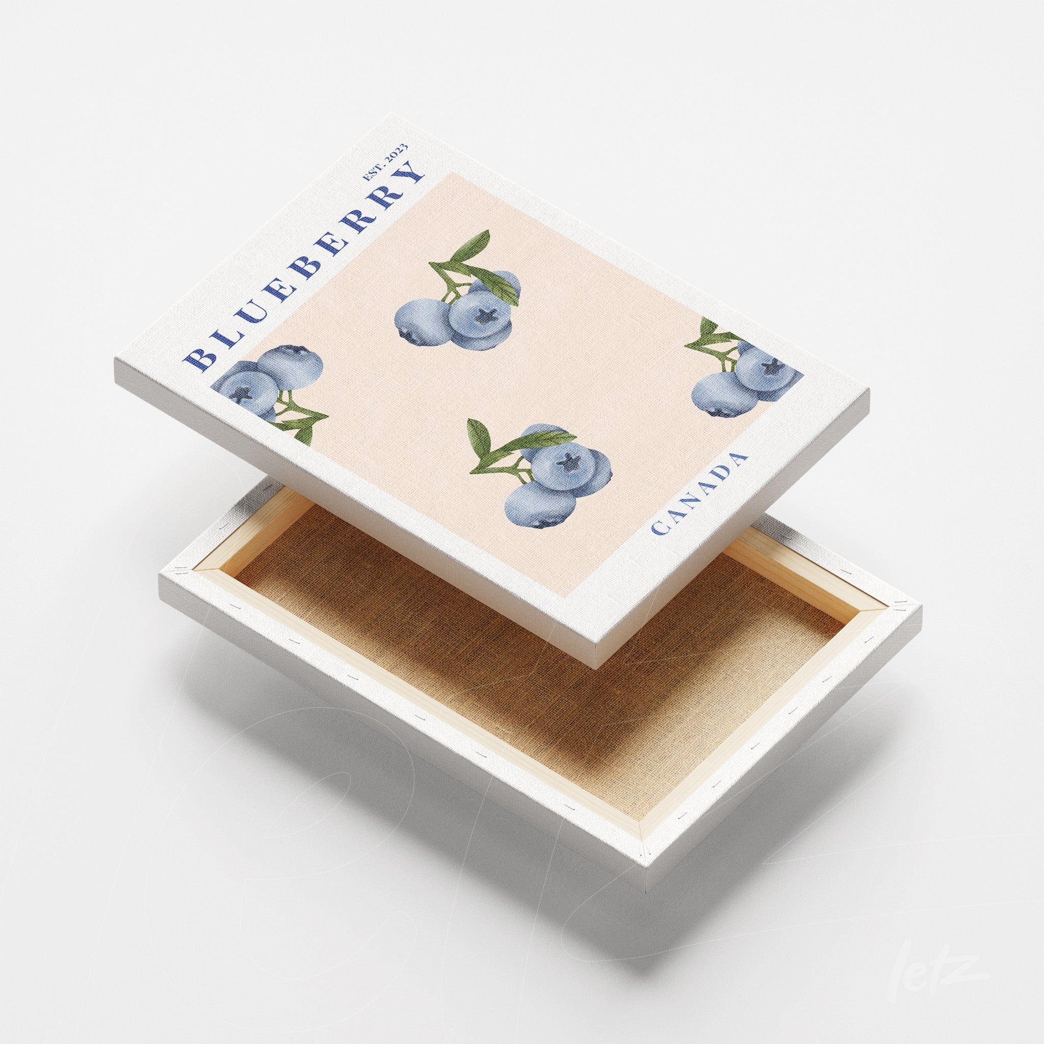 canvas artwork featuring illustrations of blueberries on a soft pink background with decorative blue letters