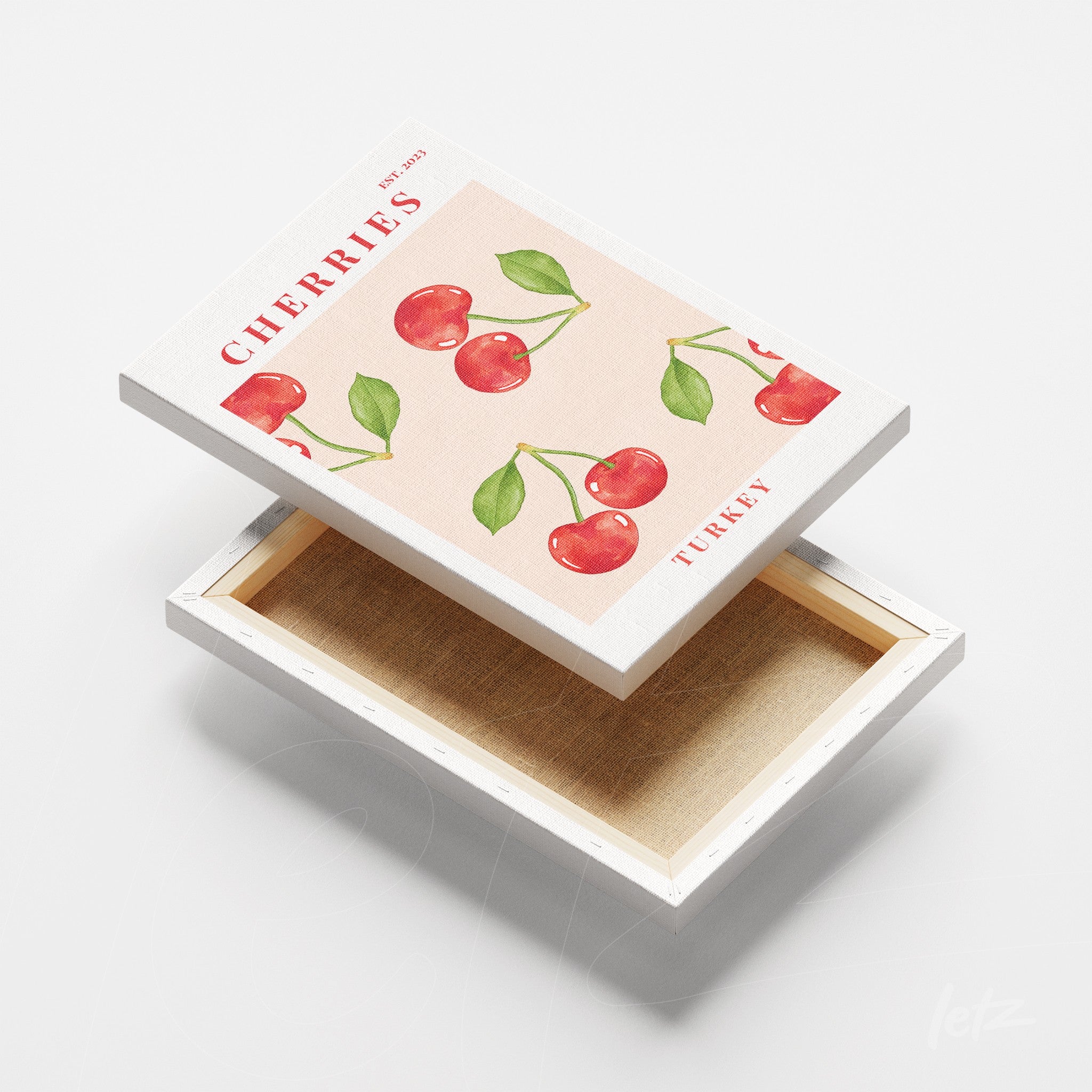 canvas artwork featuring red cherries illustration on pink background with white frame