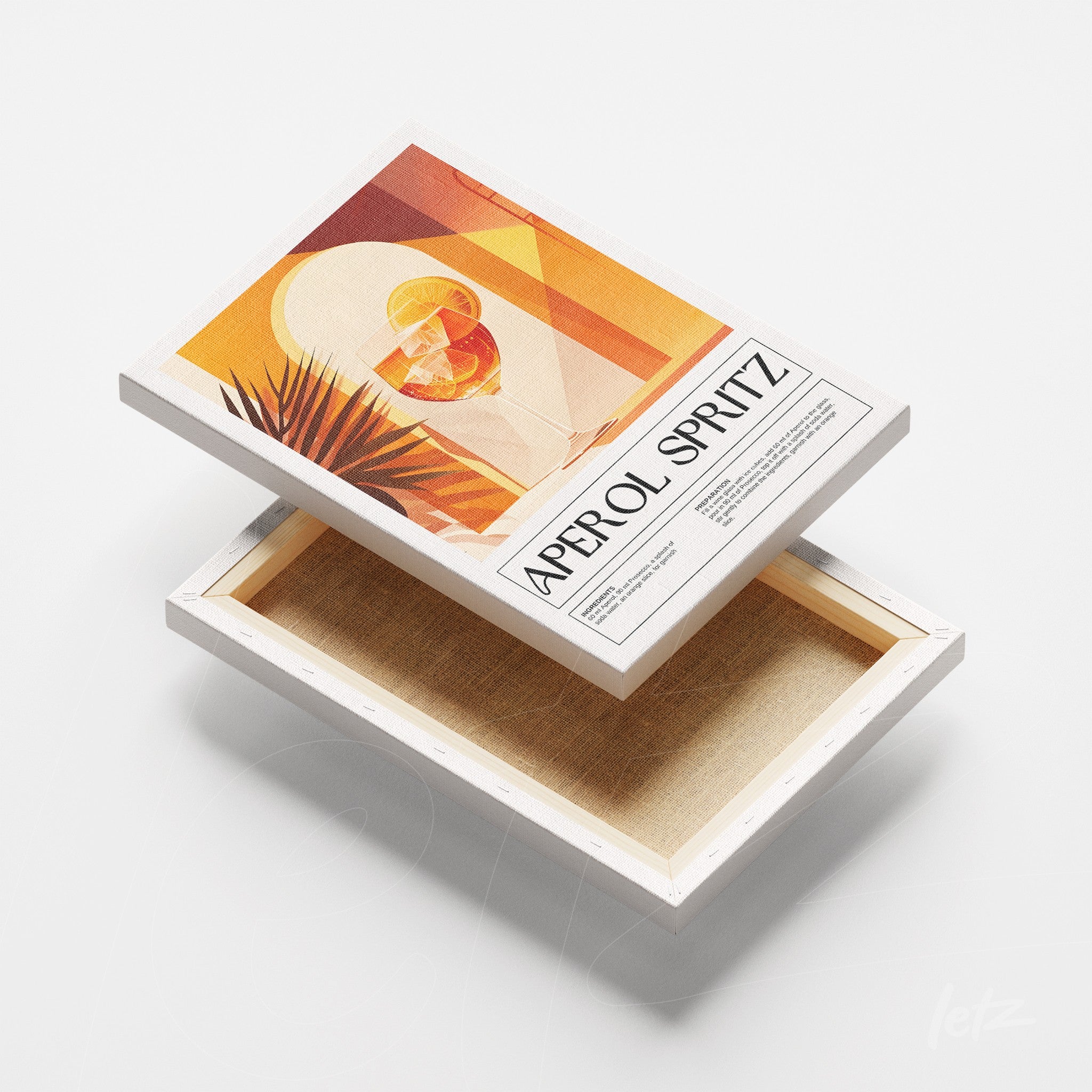 canvas art featuring Aperol Spritz cocktail with white frame and orange background