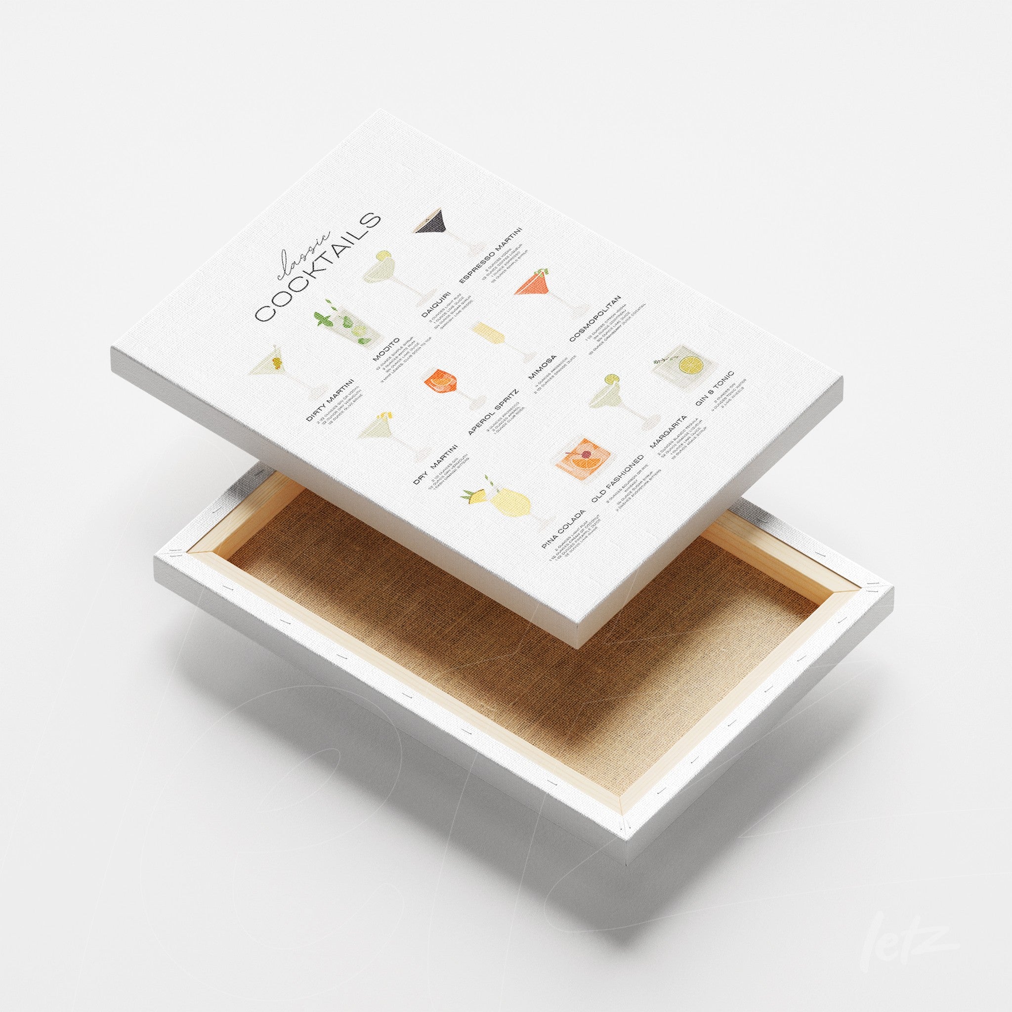 canvas wall art featuring cocktails illustrated on white background with natural wood finish