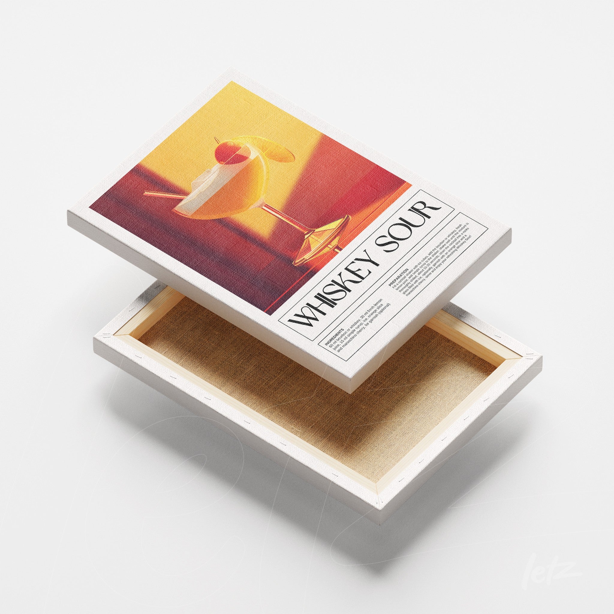 canvas artwork of whiskey sour cocktail featuring warm background tones and vintage details