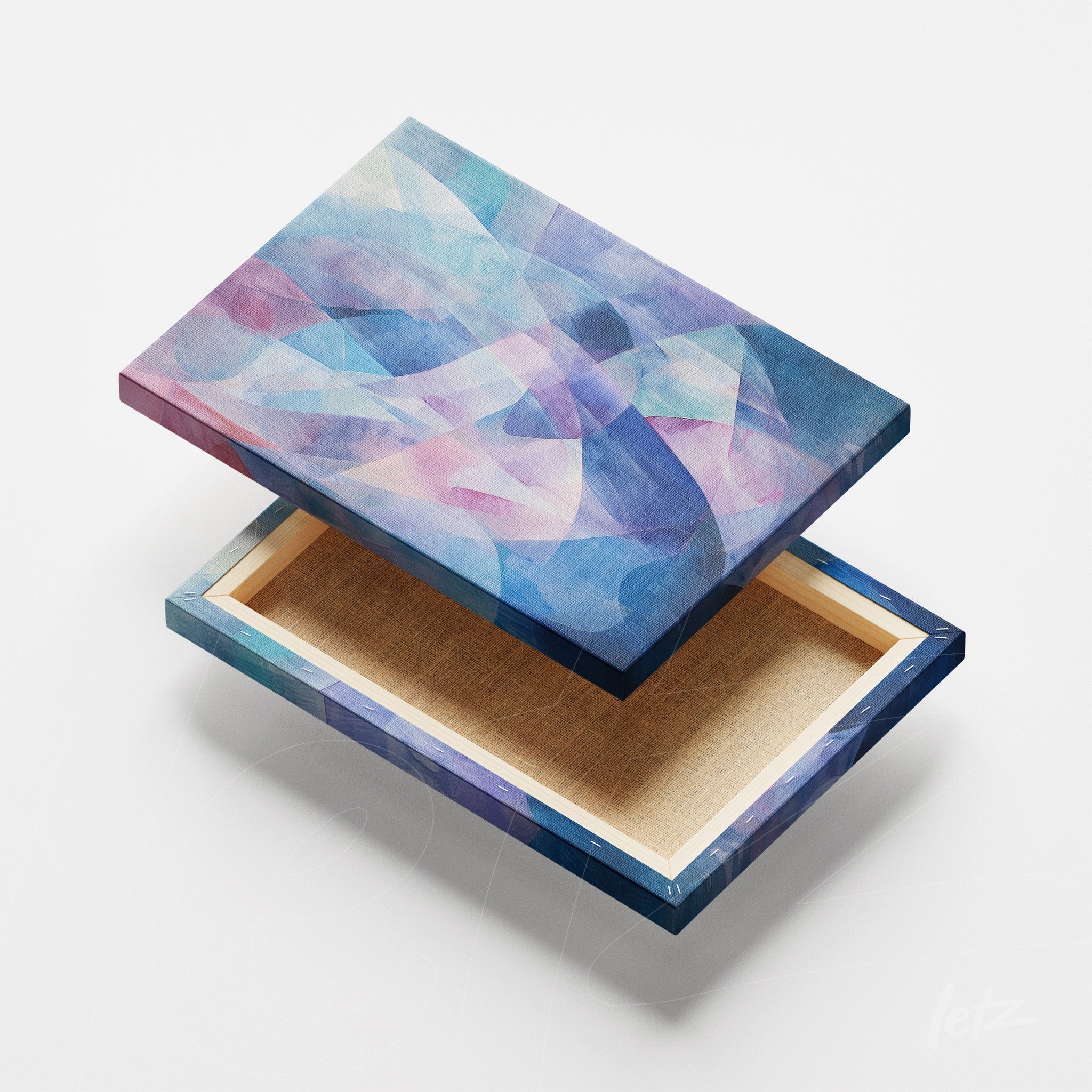 canvas art featuring abstract design in shades of blue and pink with soft geometric shapes