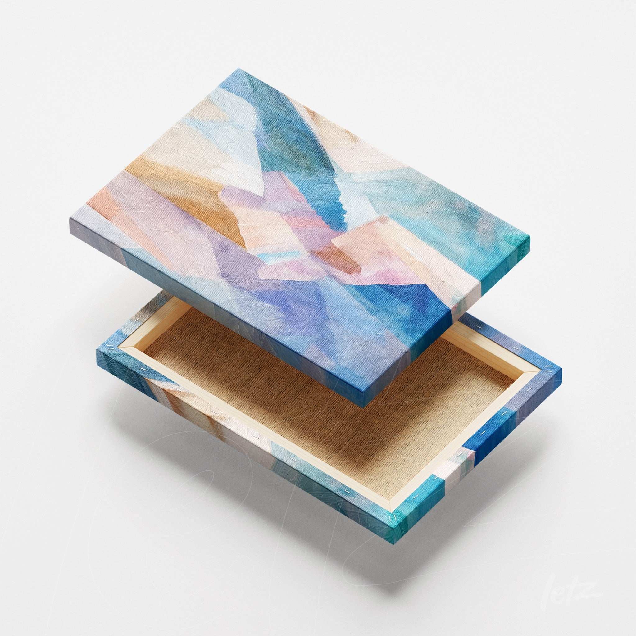abstract wall art featuring a surface in shades of blue and pink with canvas finish