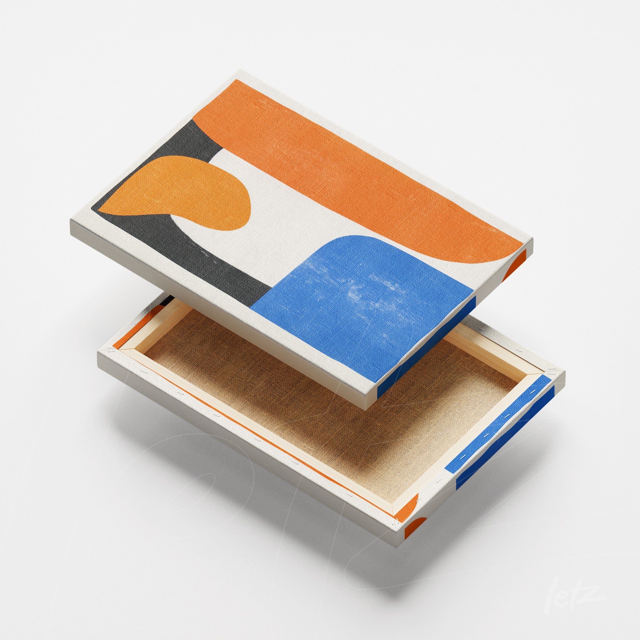 canvas print featuring abstract design in shades of orange, blue, and black on white background