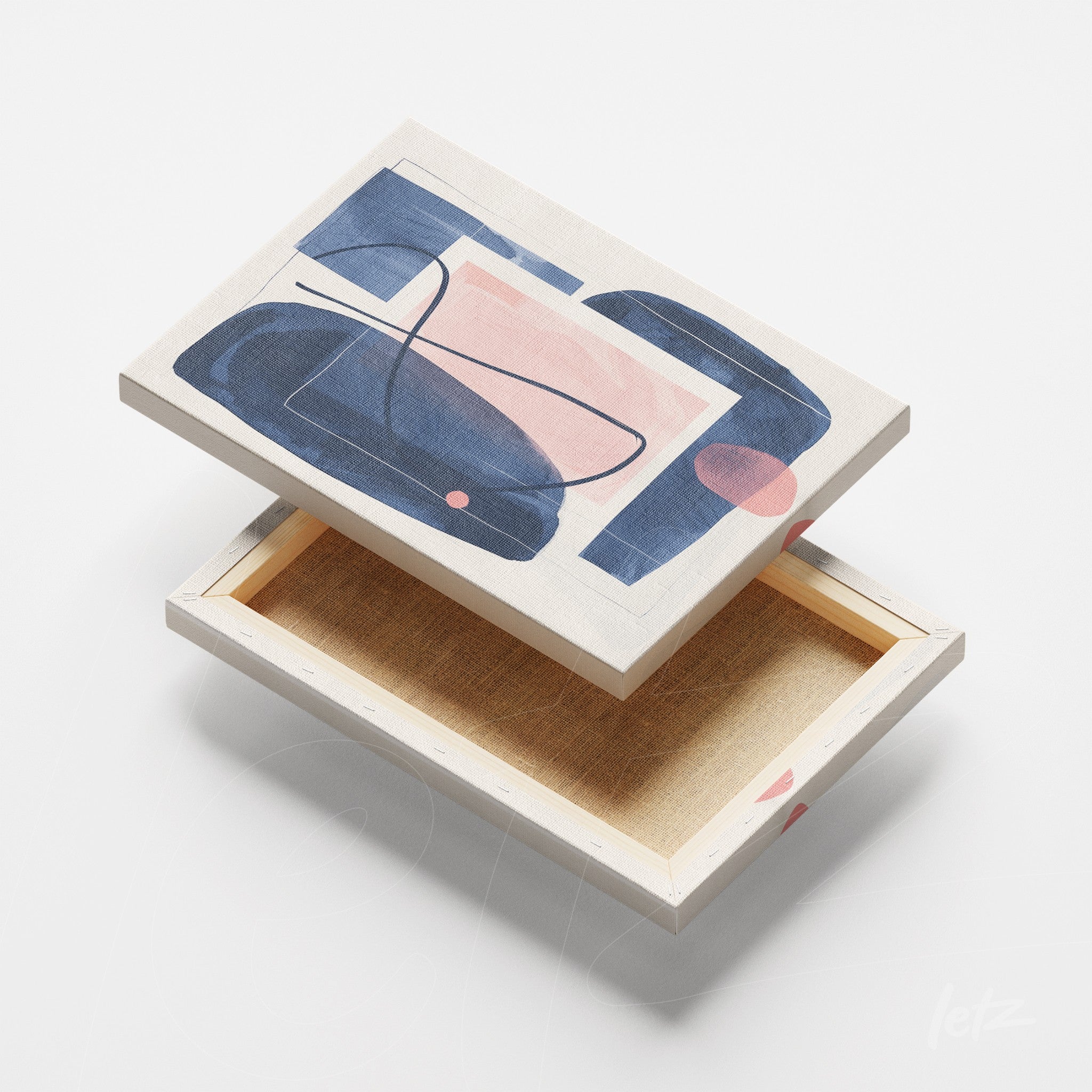 canvas art with abstract design in shades of blue and pink with light frame