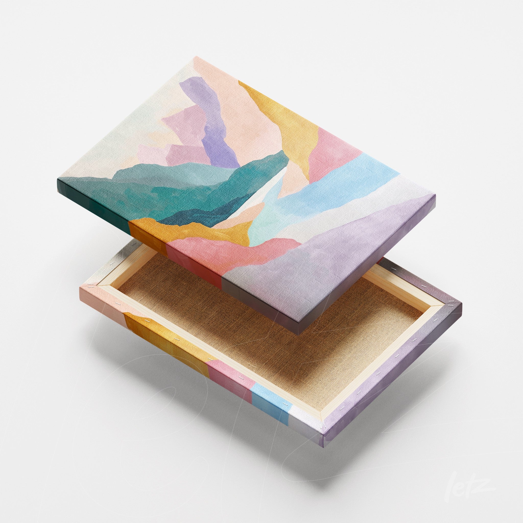 canvas artwork featuring abstract design in pastel colors, showcasing geometric shapes and soft textures