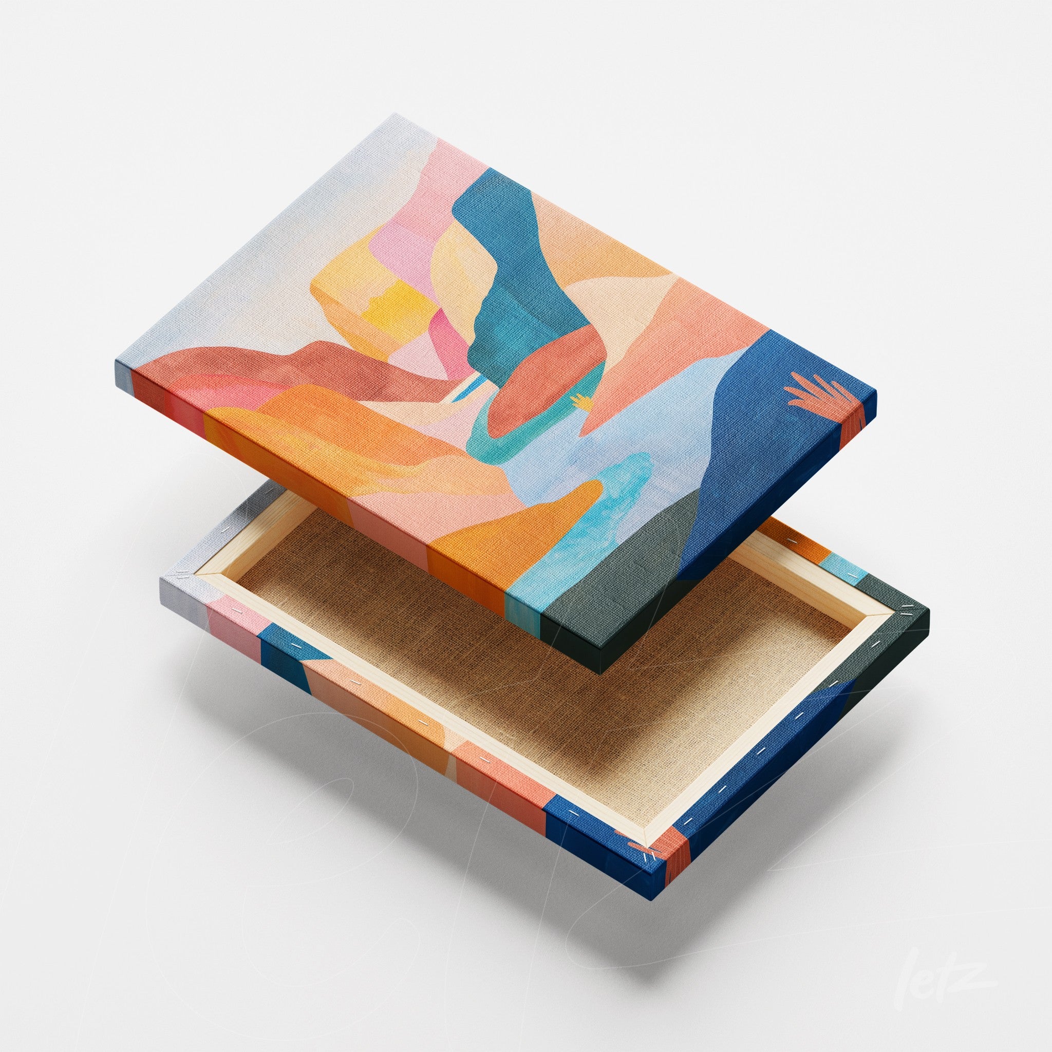 canvas print featuring abstract art in warm and cool tones with a colorful frame
