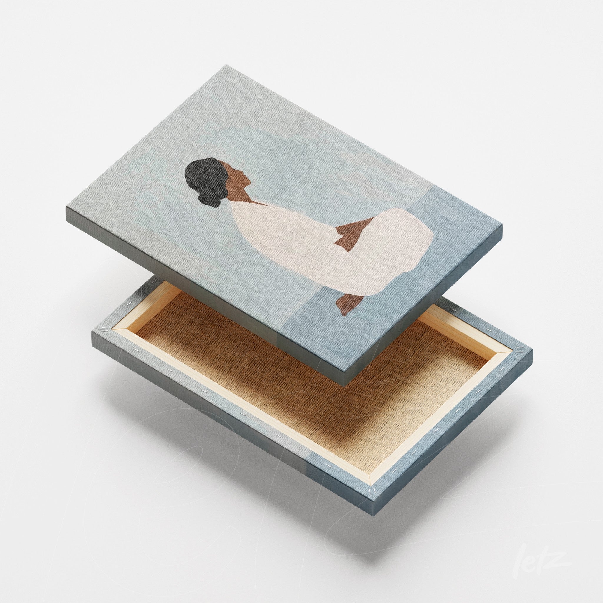 canvas print featuring abstract art of a seated female figure on a light blue background