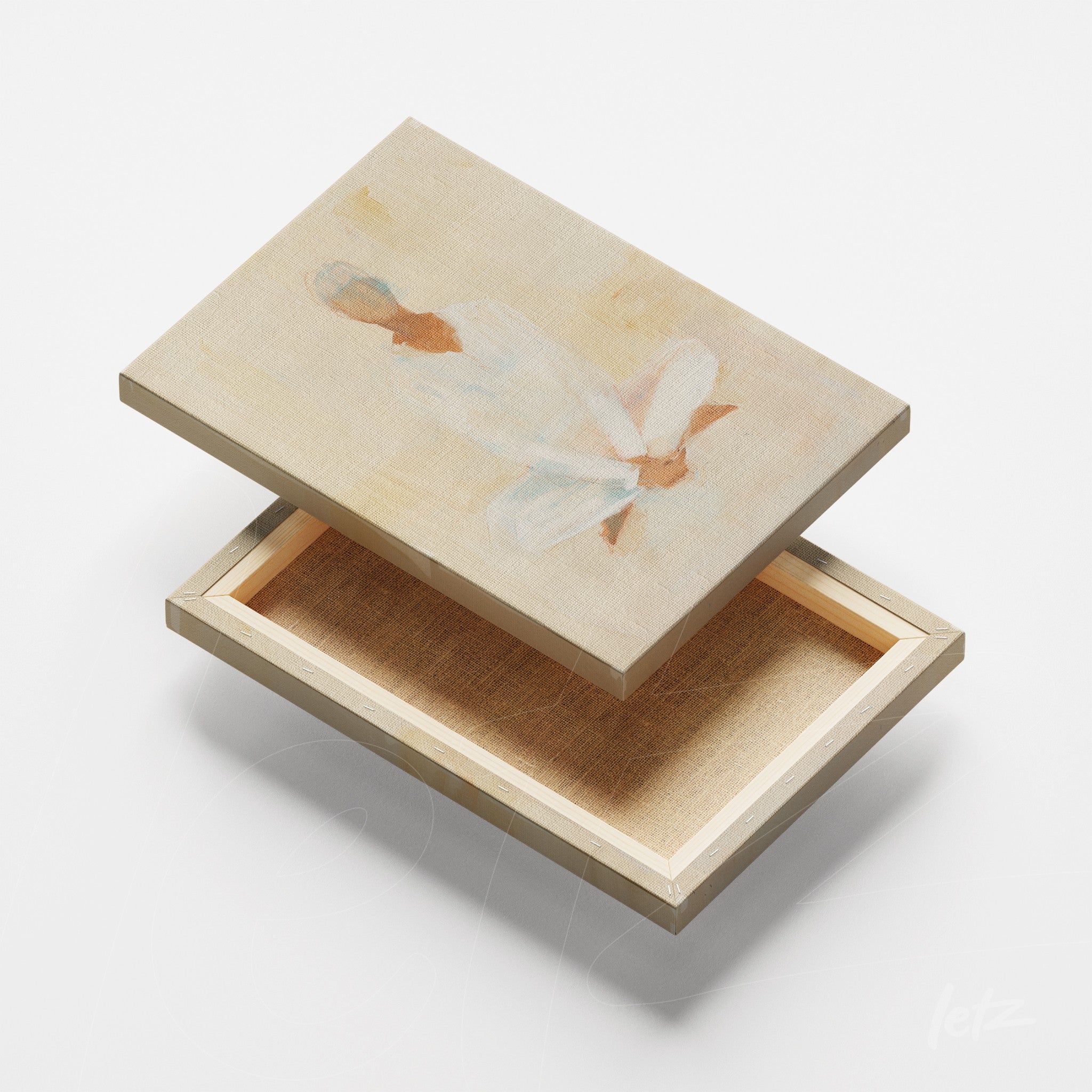 canvas art featuring an abstract female figure on a light background with a natural wood frame