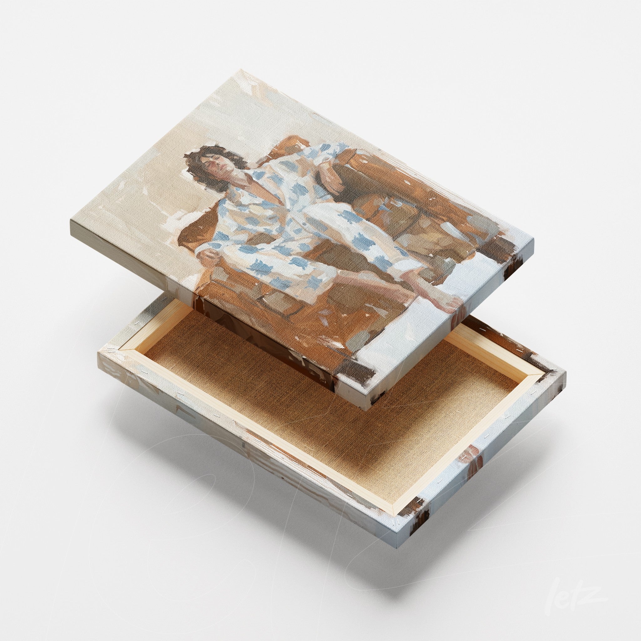 canvas print featuring a solemn figure of a young man sitting on a couch, dressed in light-colored pajamas