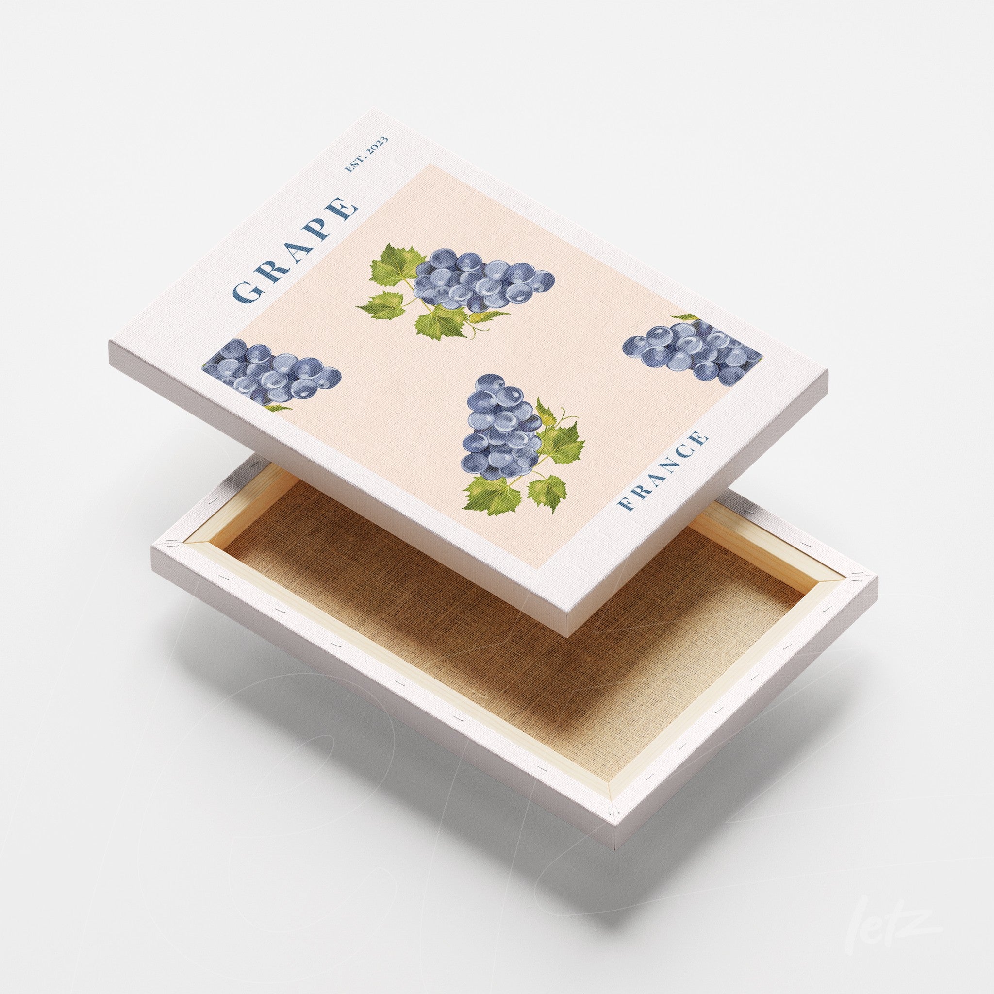 decorative box featuring grape illustration on light background with blue text