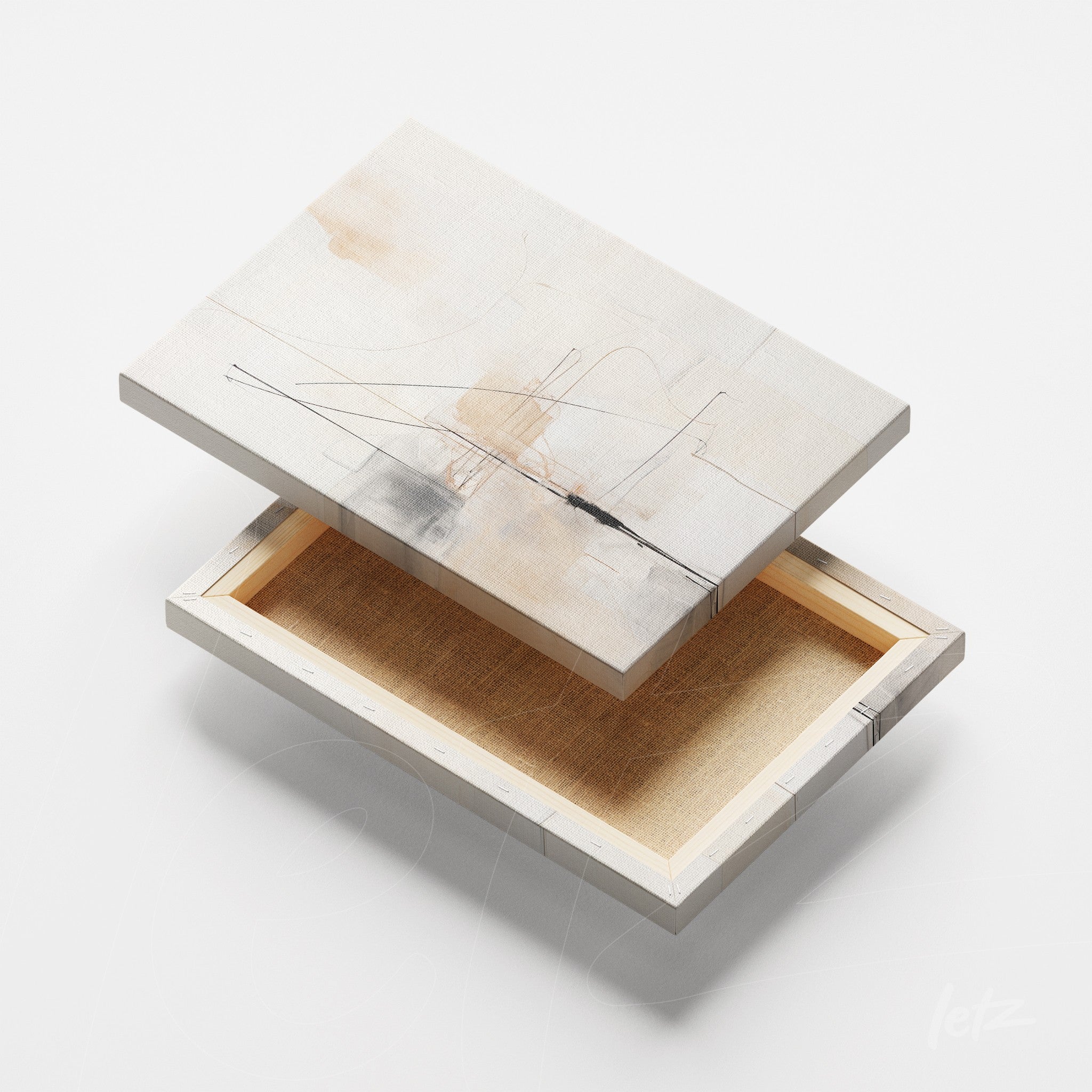canvas artwork featuring abstract design in neutral tones, displayed with a light frame and open top