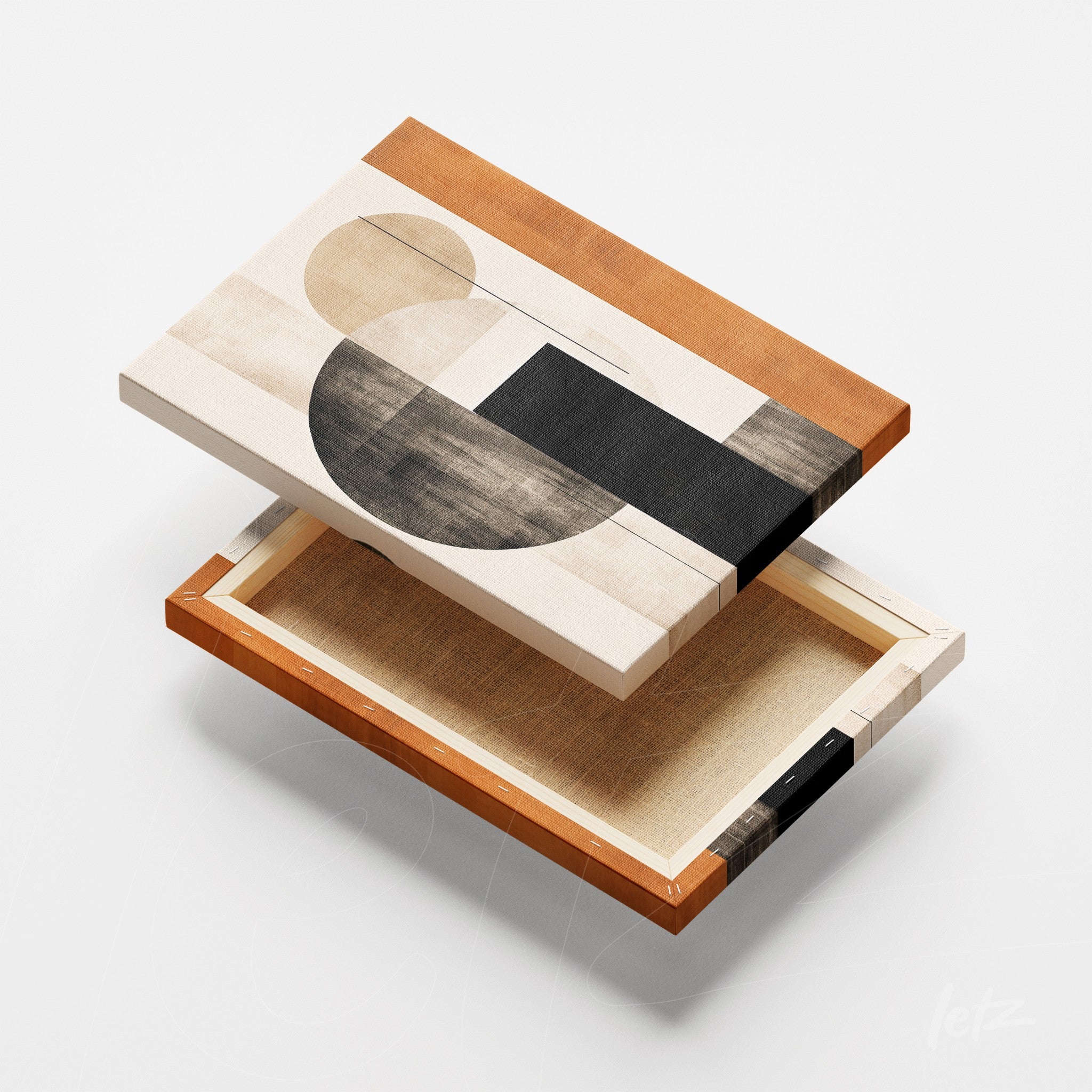 canvas artwork featuring earthy tones and geometric shapes with a light wood frame
