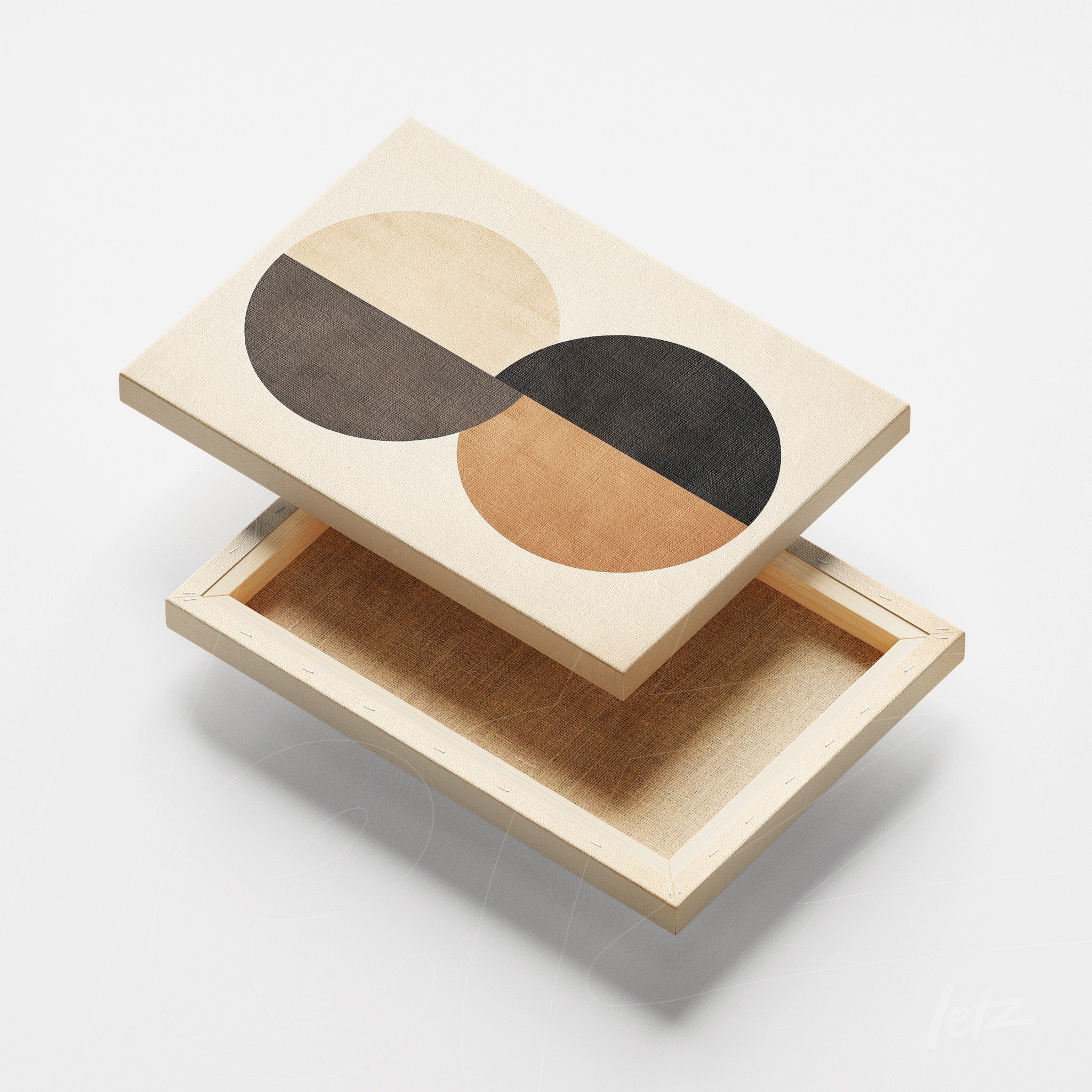 wooden box featuring geometric art with circles in natural tones and smooth texture