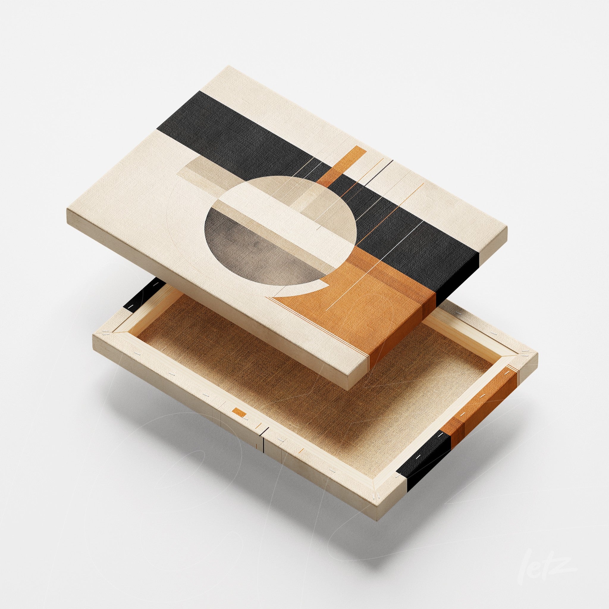 wooden box featuring abstract art in orange and black tones, highlighting geometric shapes