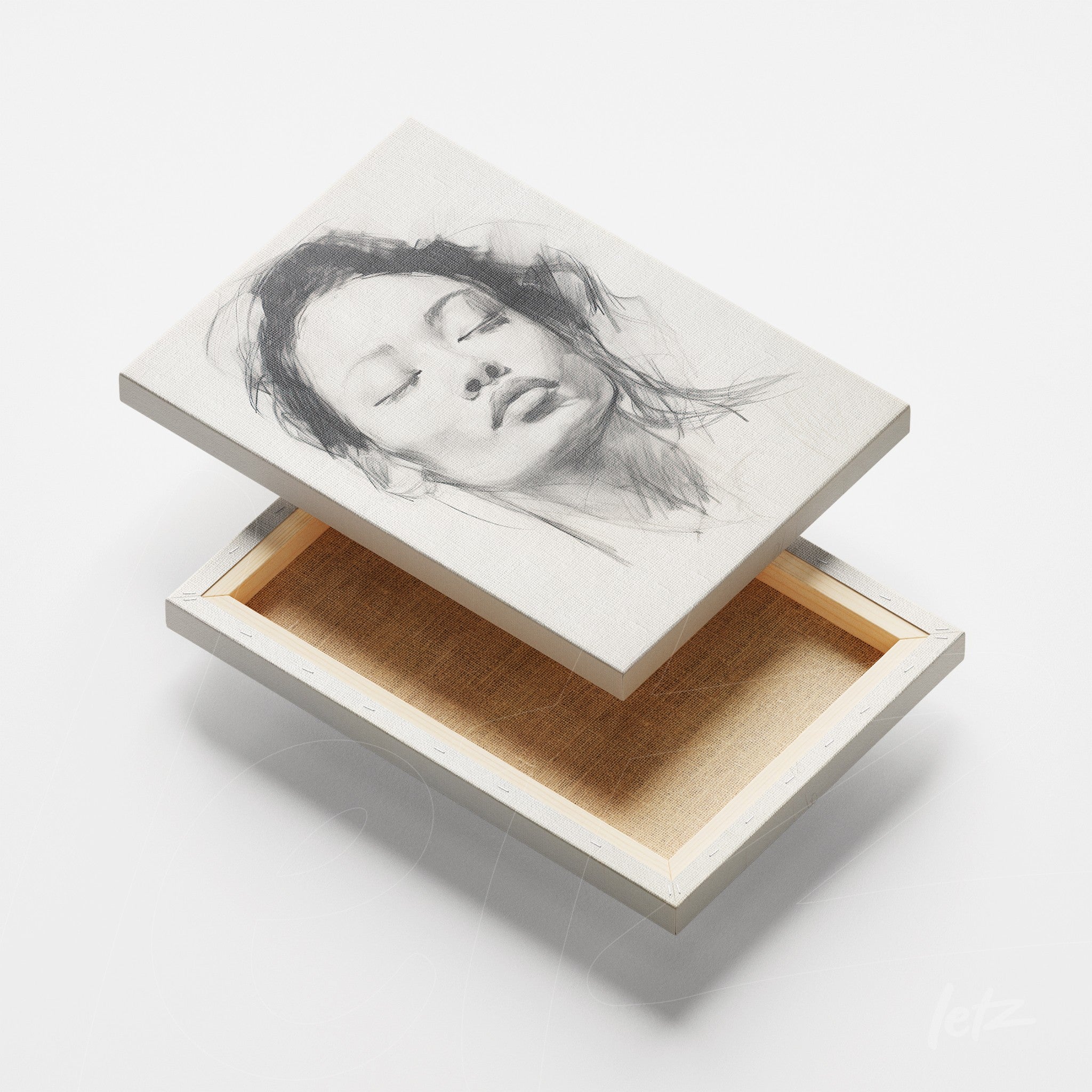 canvas print featuring a female portrait in graphite on a light background