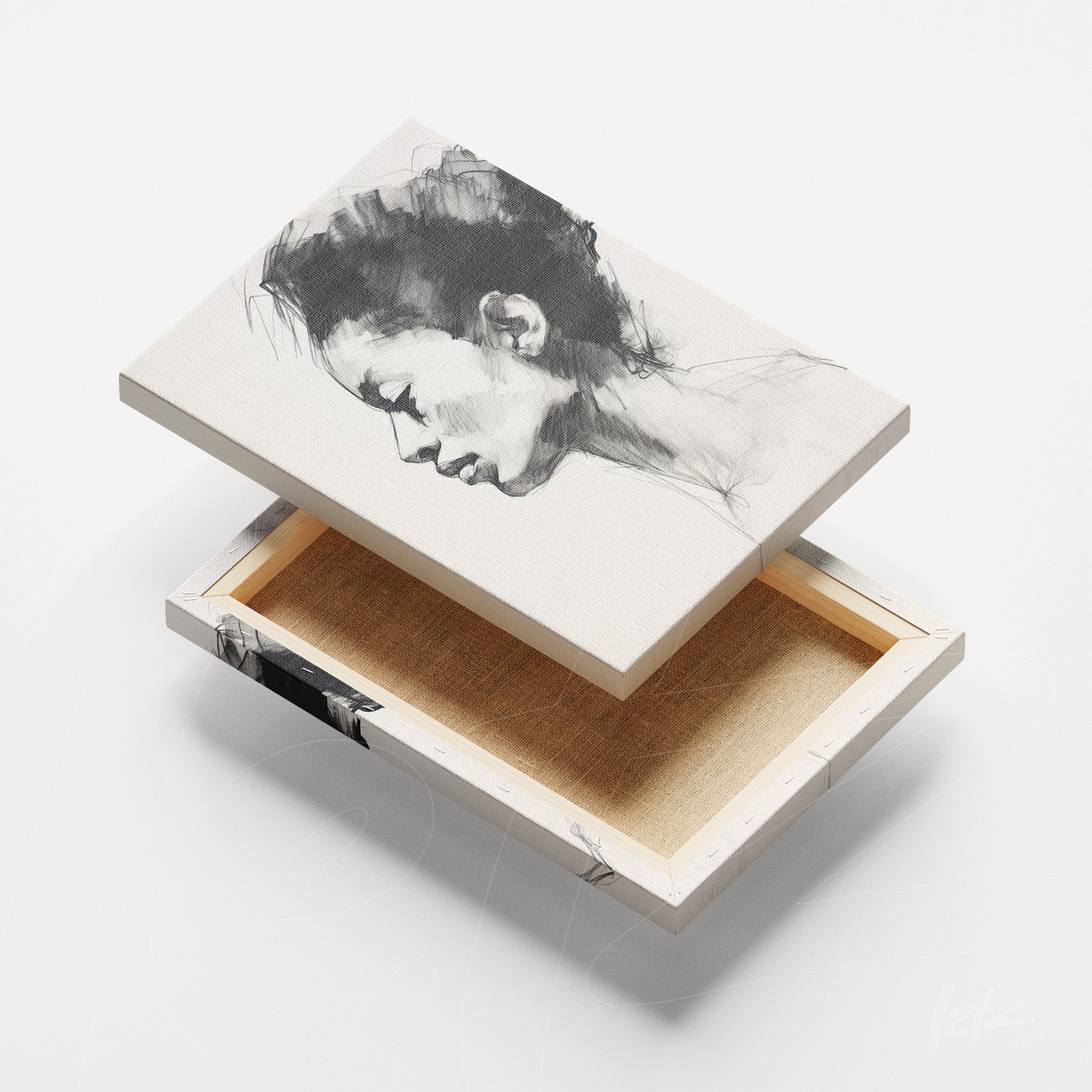 canvas print featuring a subtle female portrait with light background and white frame