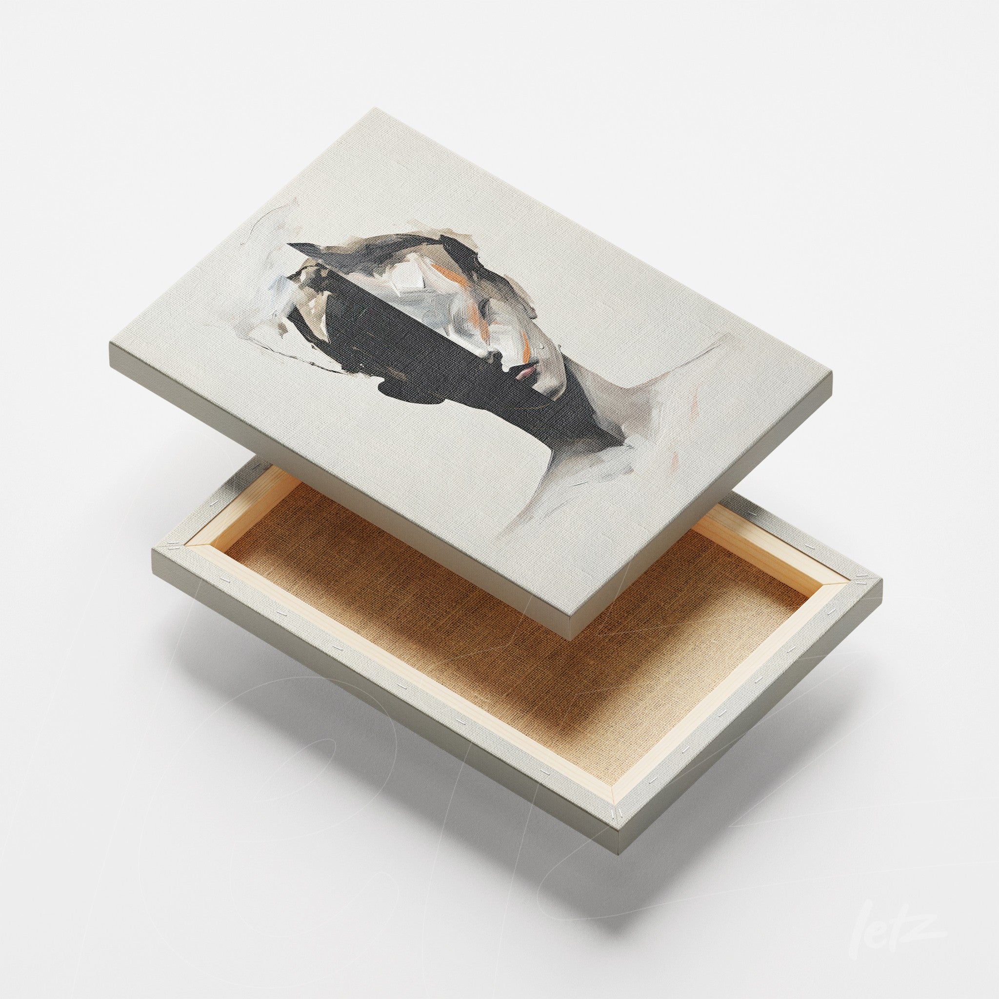 canvas artwork featuring an abstract portrait of a human face in neutral tones with a light wood frame