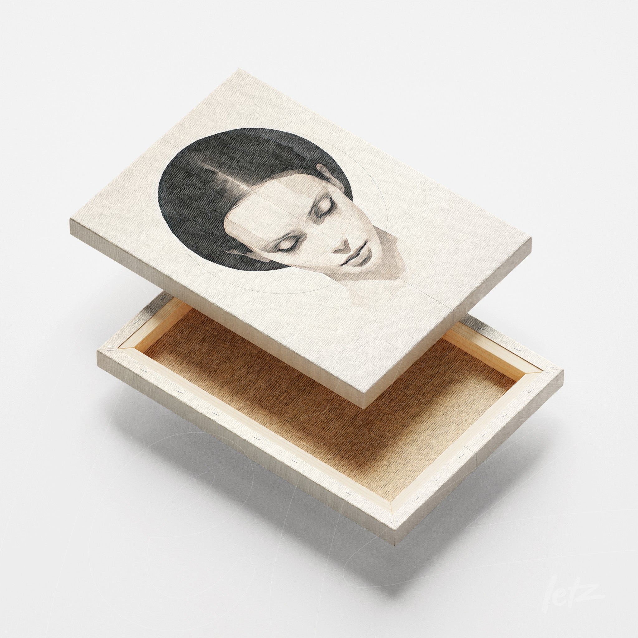 canvas print featuring a minimalist illustration of a female face on a light background