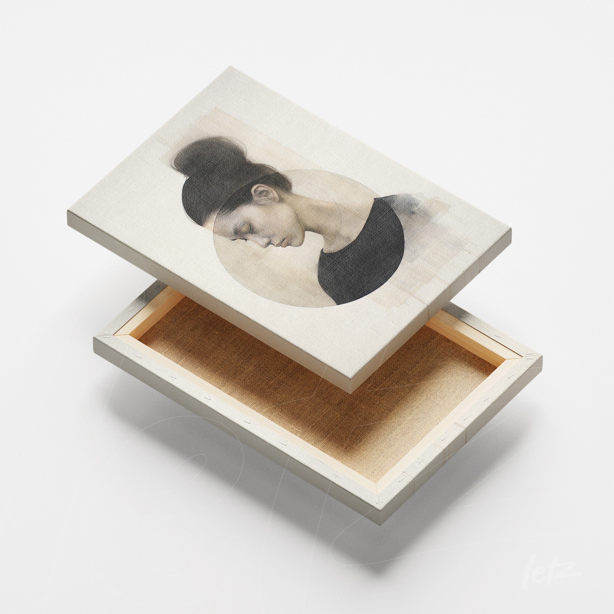 canvas artwork featuring a portrait of a woman in neutral tones with a white frame
