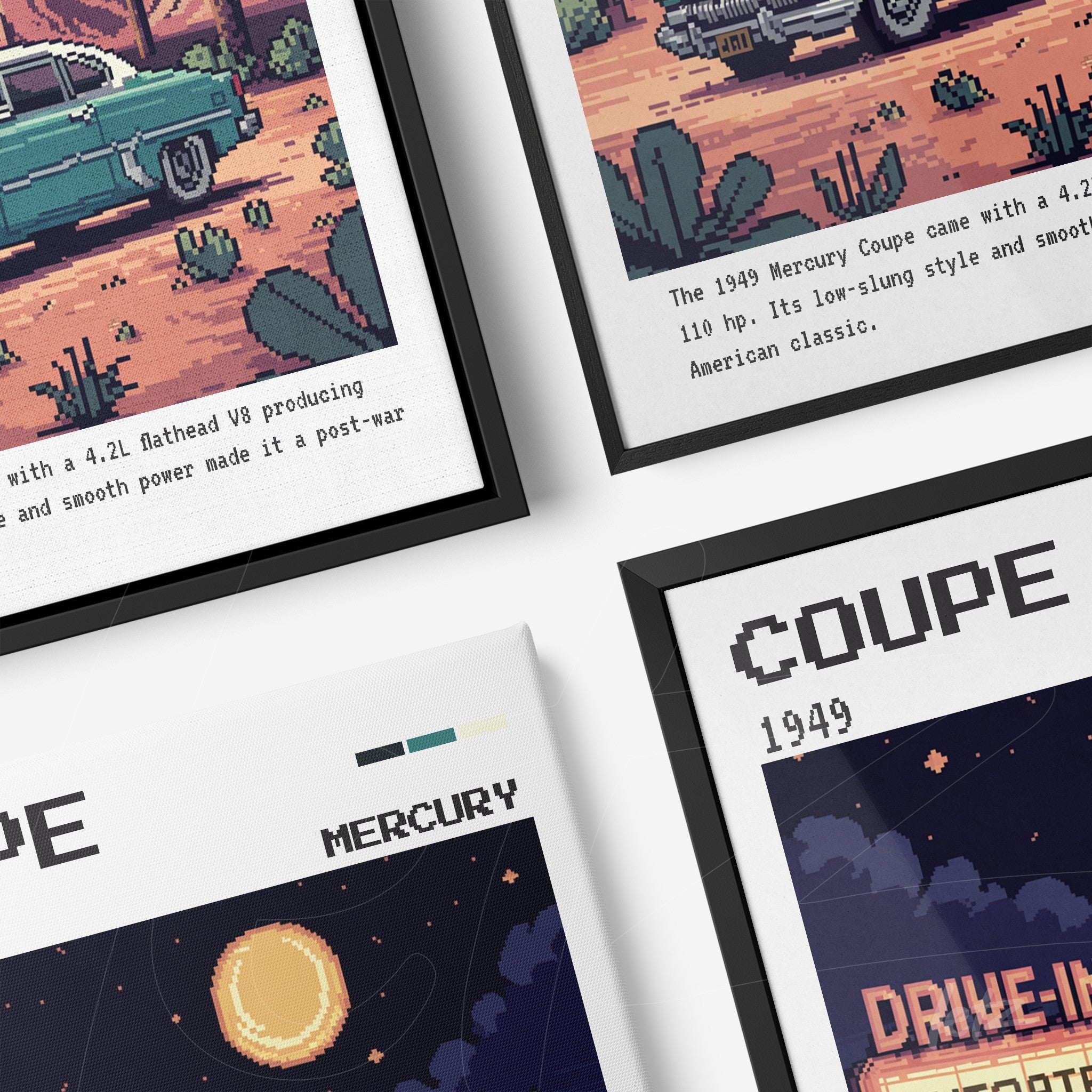 composition of framed pixel art prints featuring a 1949 mercury coupe with text details and black frames