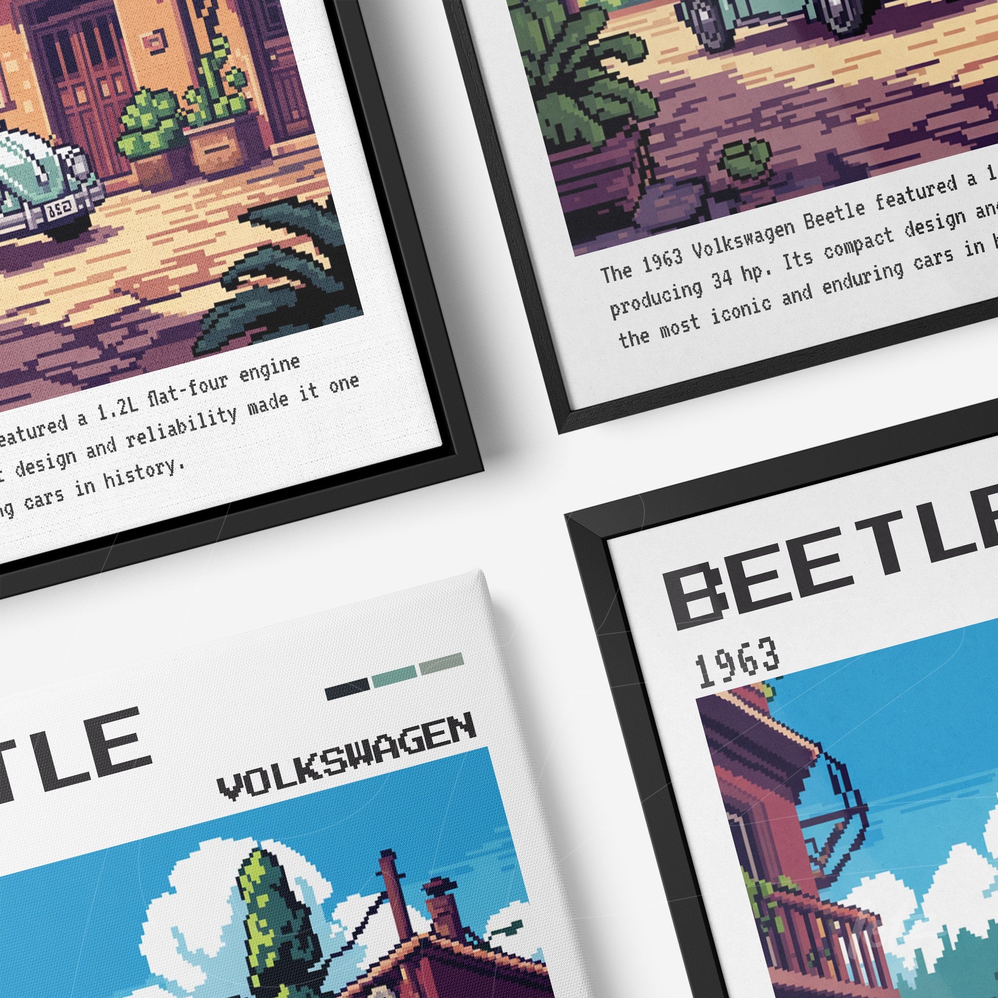 collection of framed pixel art showing the Volkswagen Beetle, featuring black and white frames, retro colorful backgrounds