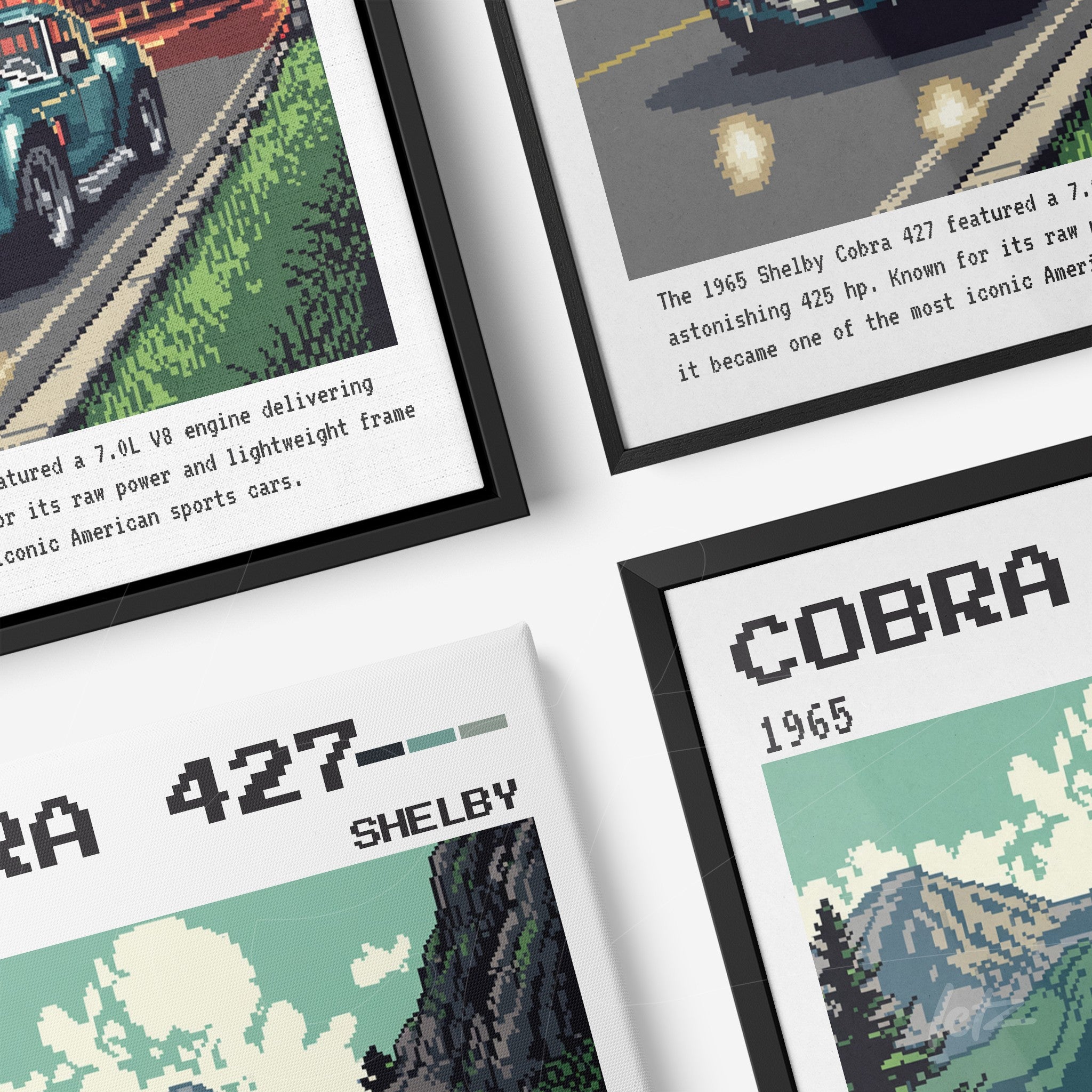 collection of framed digital art depicting classic cars including a shelby cobra 427 with black frames