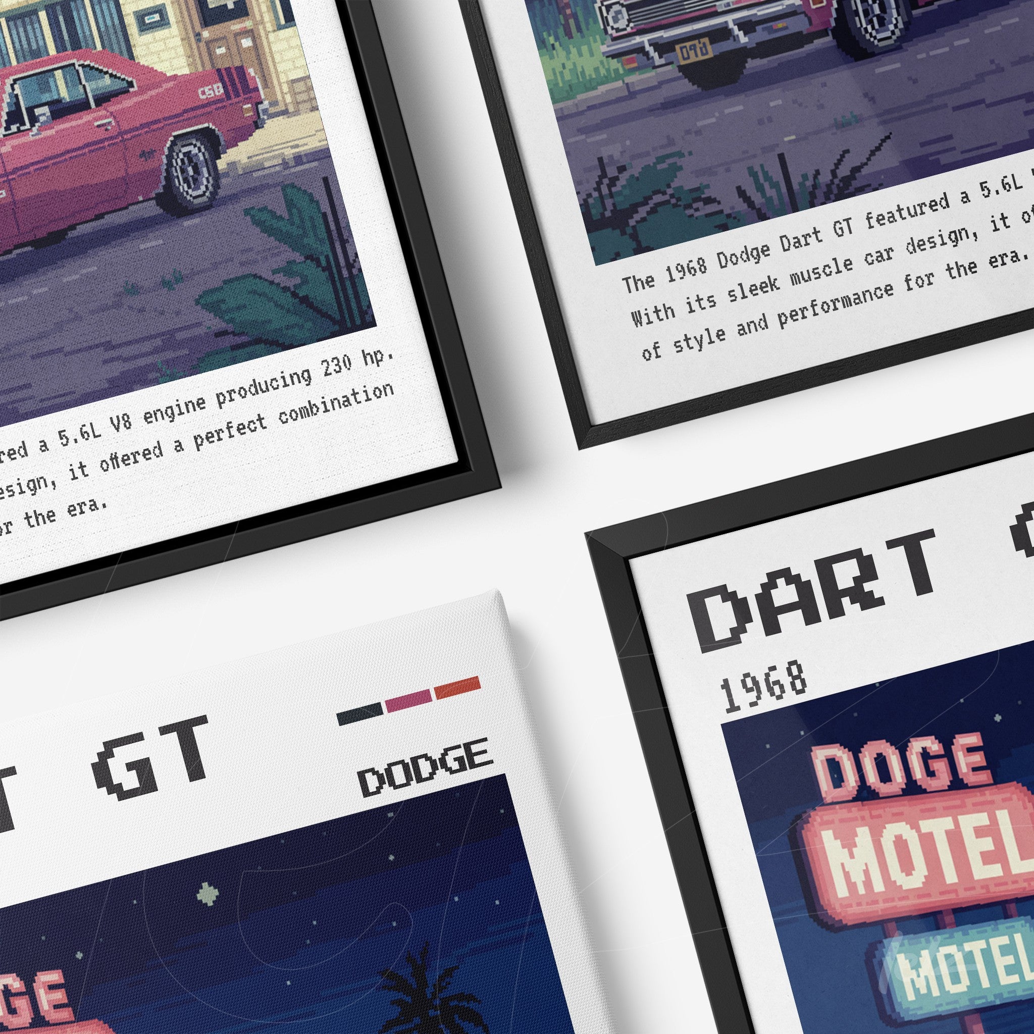 composition of framed pixel art featuring the 1968 Dodge Dart GT, showcasing retro car design with black frames