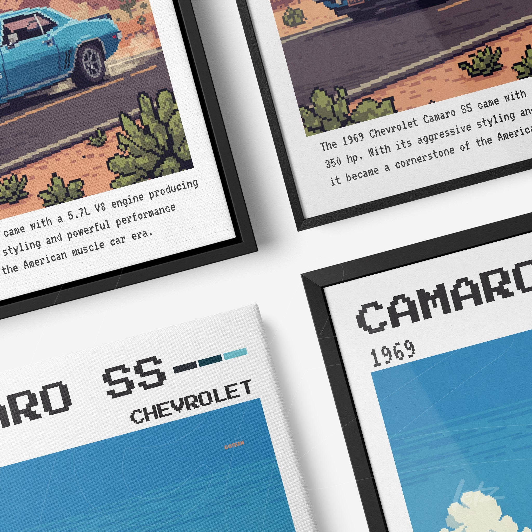 set of framed artwork featuring pixel art of the 1969 Chevrolet Camaro SS in black and white frames