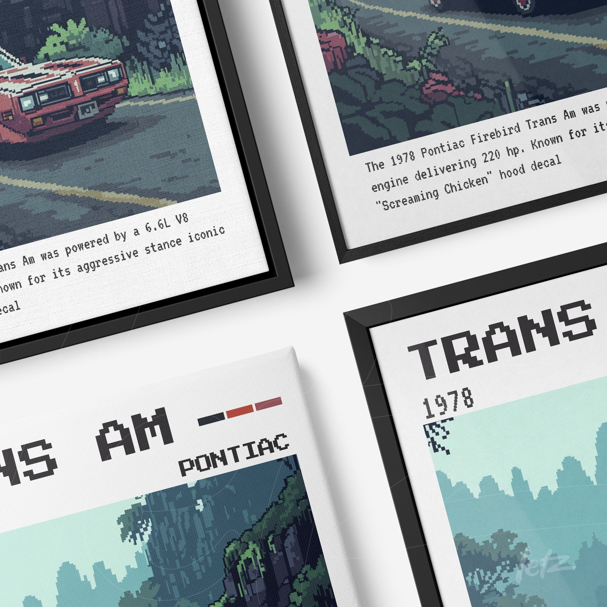 set of framed artworks featuring pixel art of a Pontiac Trans Am surrounded by foliage, with black frames and informative text displayed alongside